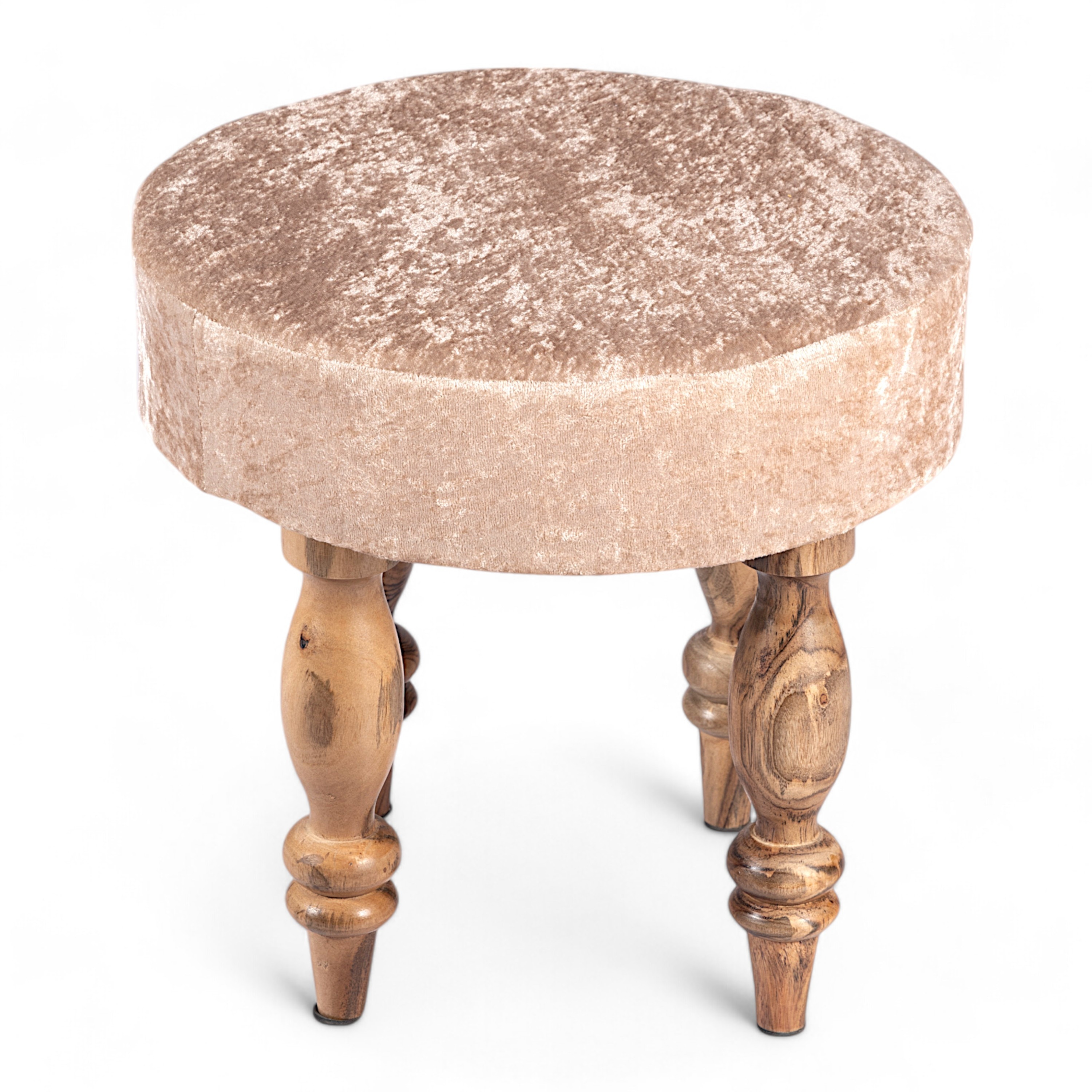 Roswell Sheesham Wood   Round Set of 2 Stools in Beige Sparkle Velvet Upholstery