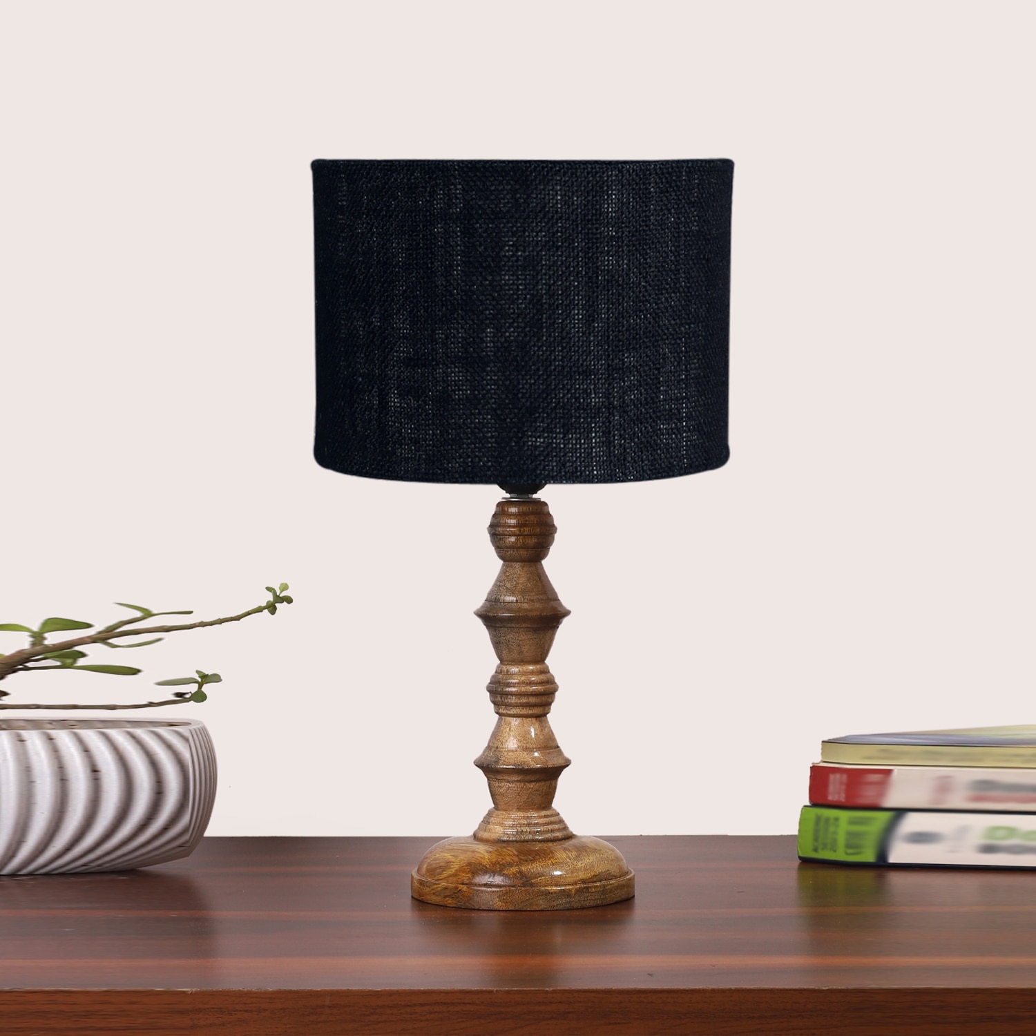 Devansh Black  Jute   Table Lamp With  Wood Natural Base (7X7X15.5 Inches)-17