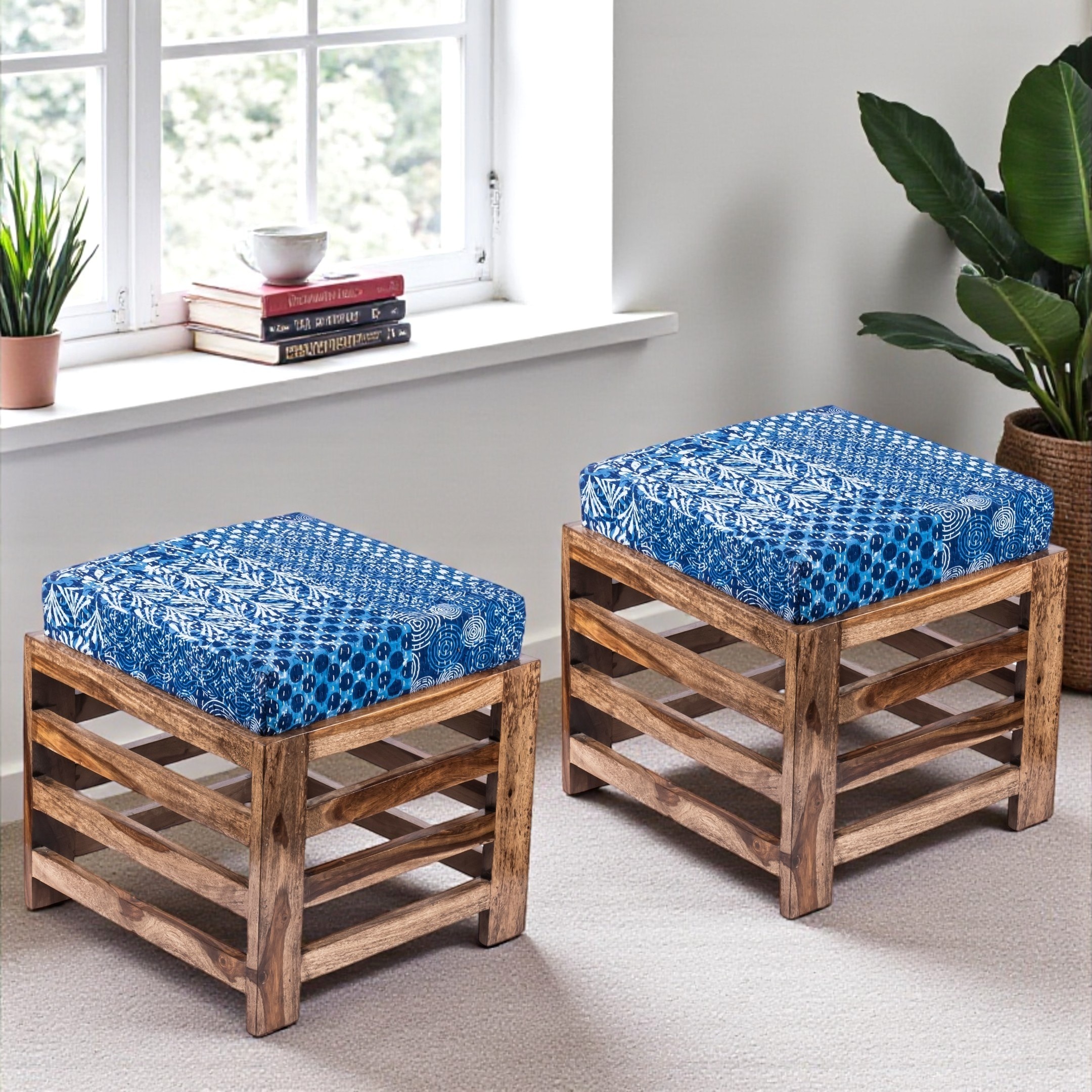 Houston Sheesham Wood Mid-Century Set of 2 Stools in Indigo Patchwork Kantha, Teak Finish - Ikiriya