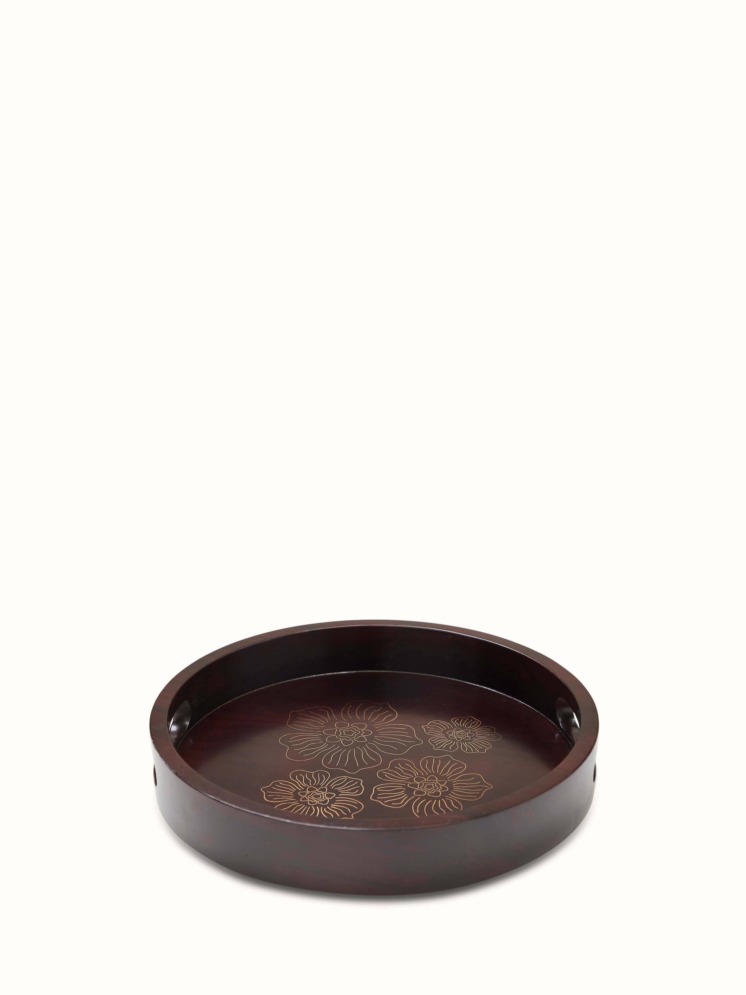 Angled view of Tarkashi sheesham wood & brass tray, emphasizing the craftsmanship and elegant design.