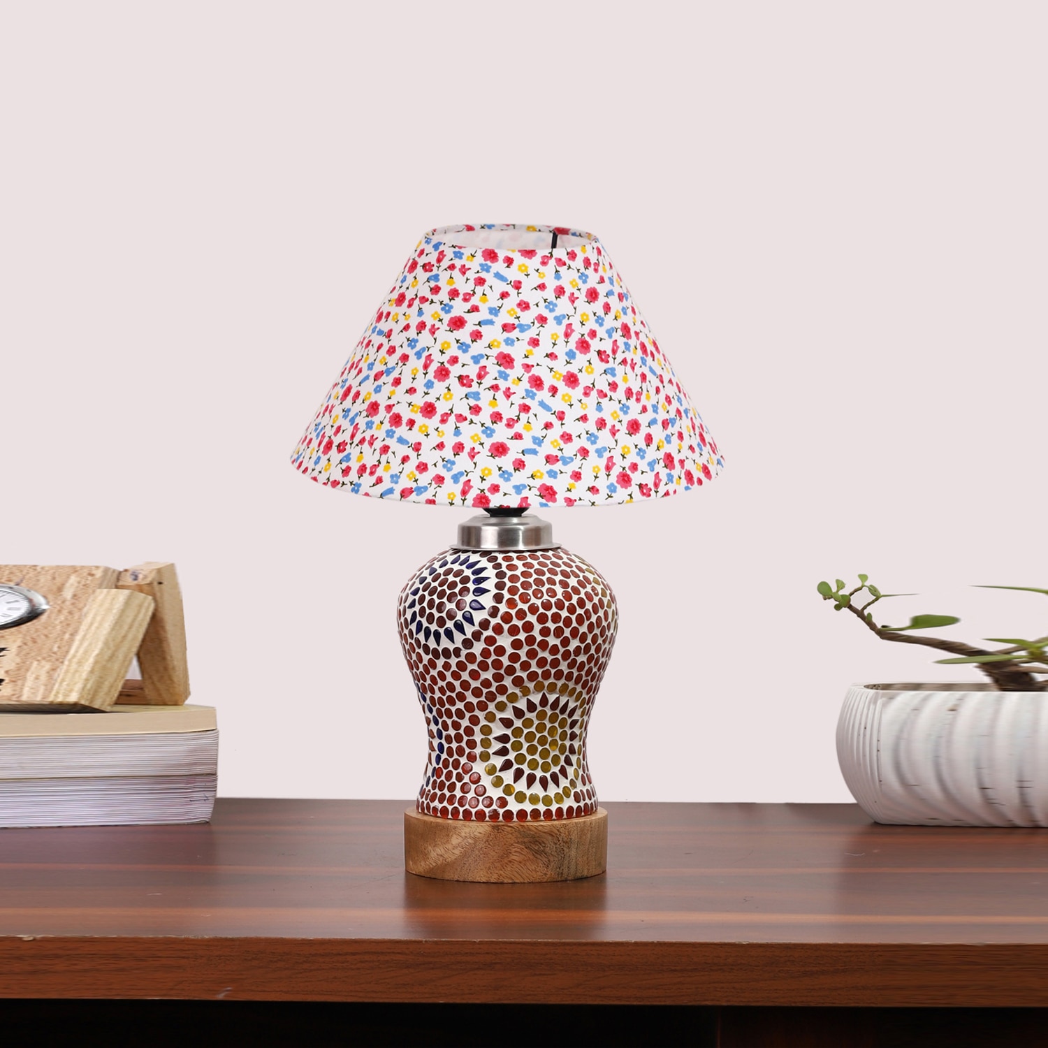 Devansh Conical Multi Cotton Shade Lamp With Wood & Mosaic Glass Base For Decoration/Office/Home/Gifting/Study For Decoration/Office/Home/Gifting/Study -(10X10X14.5) Inches -A - Devansh