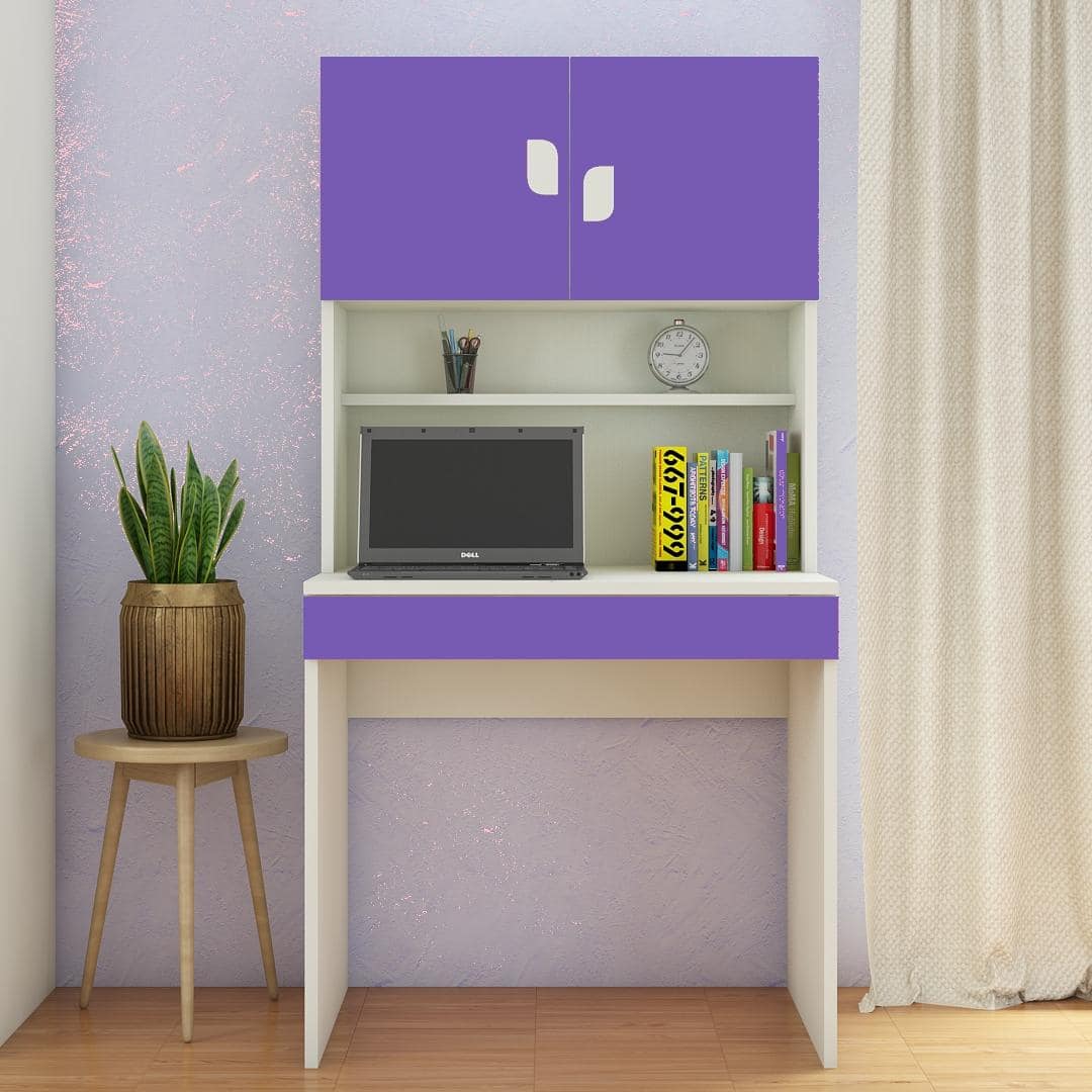 Corolla Kids Study Desk with Drawer Built In Bookshelf and Petal Handles in Lavender Purple Colour
