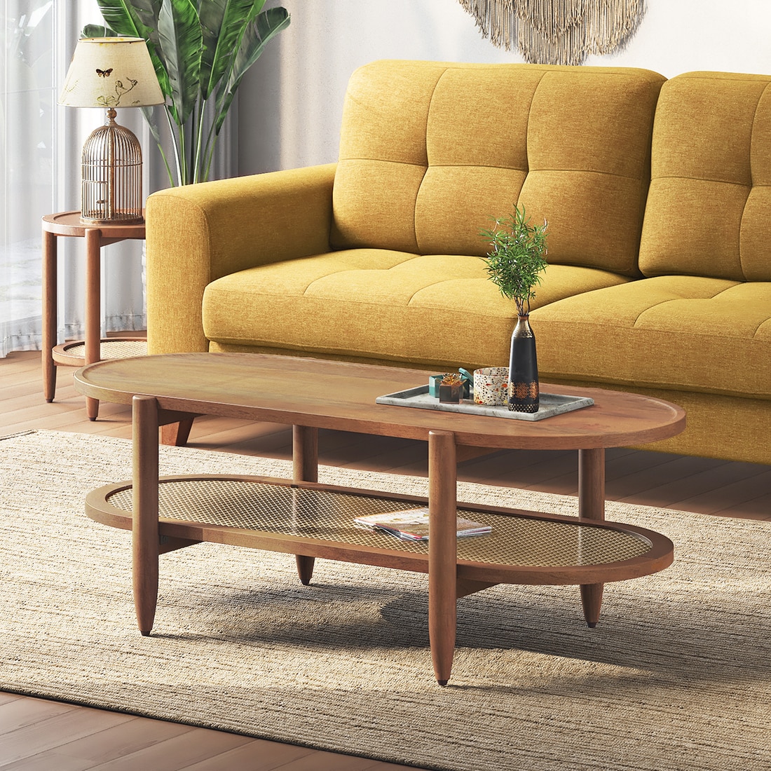 Tora XL Solid Wood And Cane With Glass Coffee Table In Amber Walnut Finish