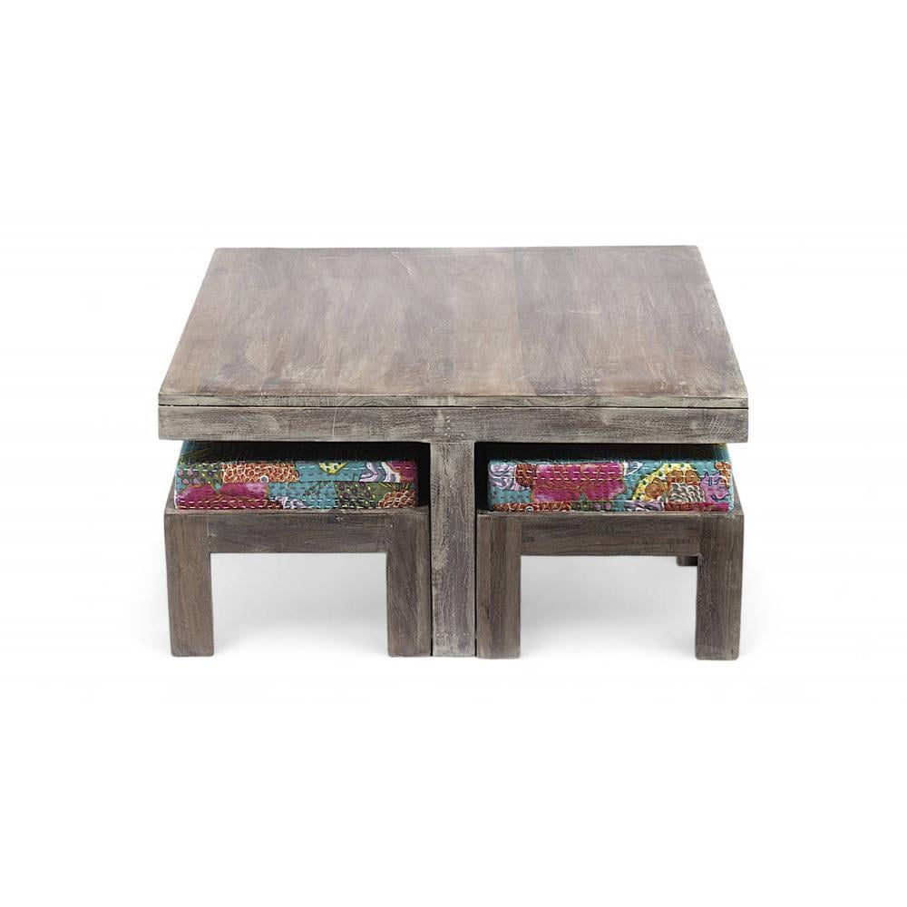 Blane Sheesham Wood 4 Seater Coffee Table Set In Antique Grey Finish Floral Print Green Kantha Cushion