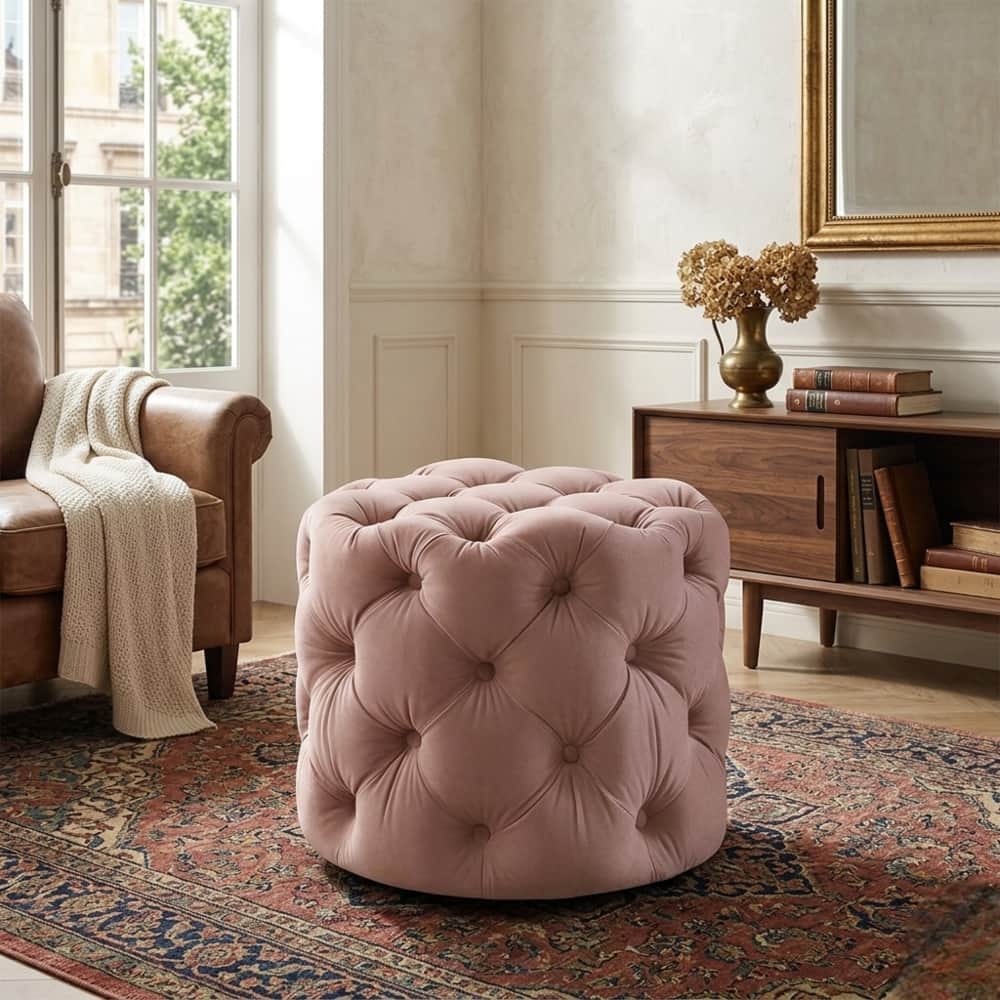 Doe Buck Briana Velvet Tufted Ottoman Cube in Pink Colour - Doe Buck