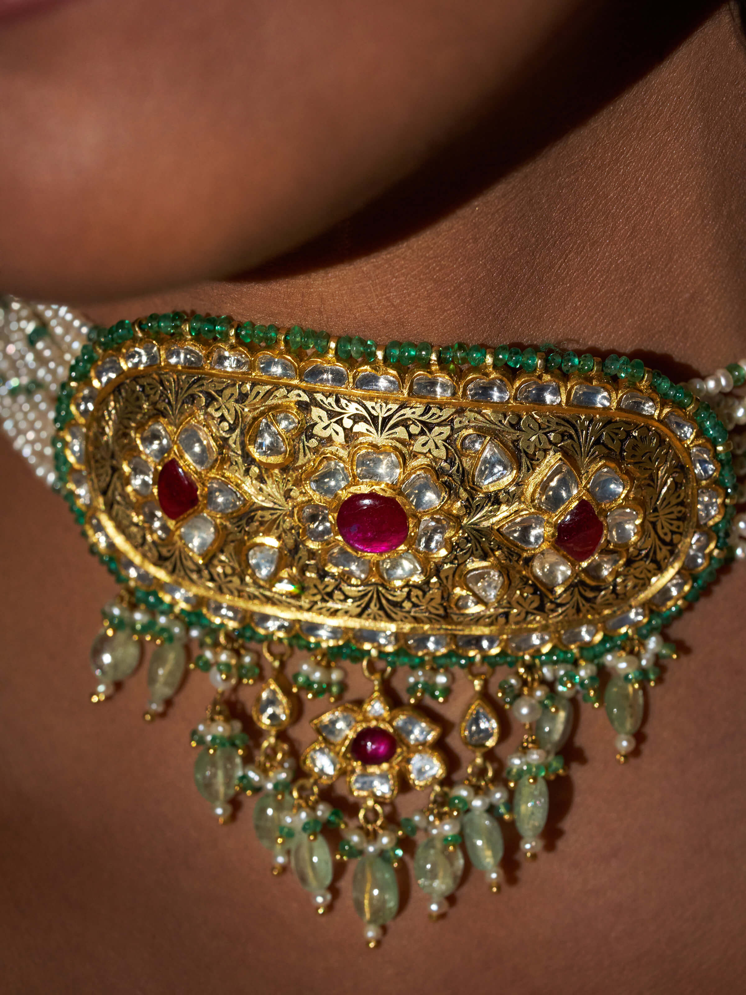 Detailed front view of Partash 18 Karat gold choker highlighting its intricate detailing and smooth gold finish.