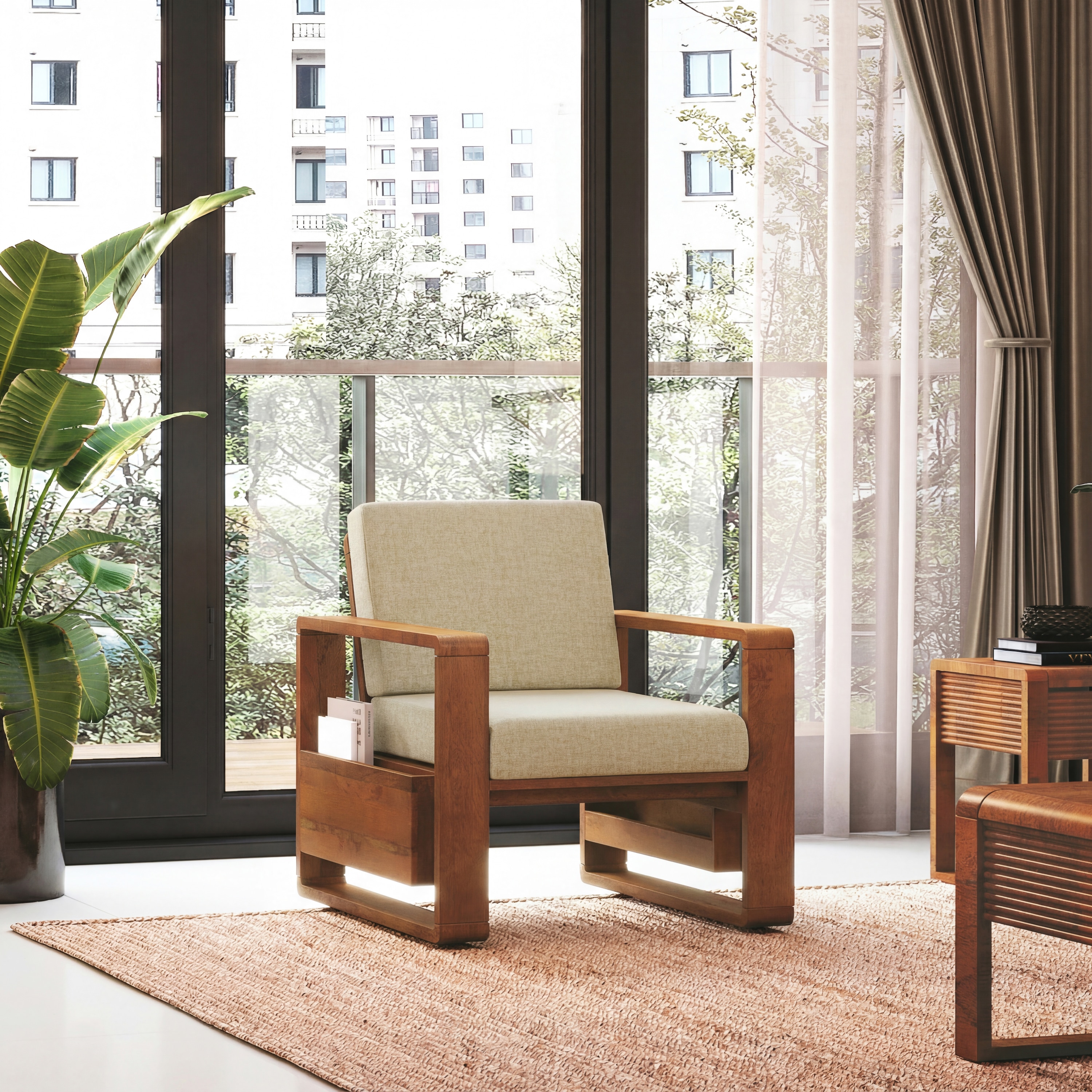 Moreno 1 Seater Solid Wood Sofa in Amber Walnut Finish and Almond Beige Fabric - Urban Ladder