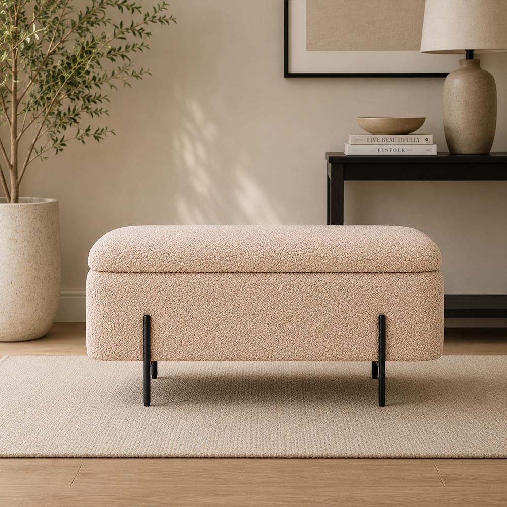 Doe Buck Luxury Boucle Storage Bench in Light Brown Colour with Black Metal Legs - Doe Buck