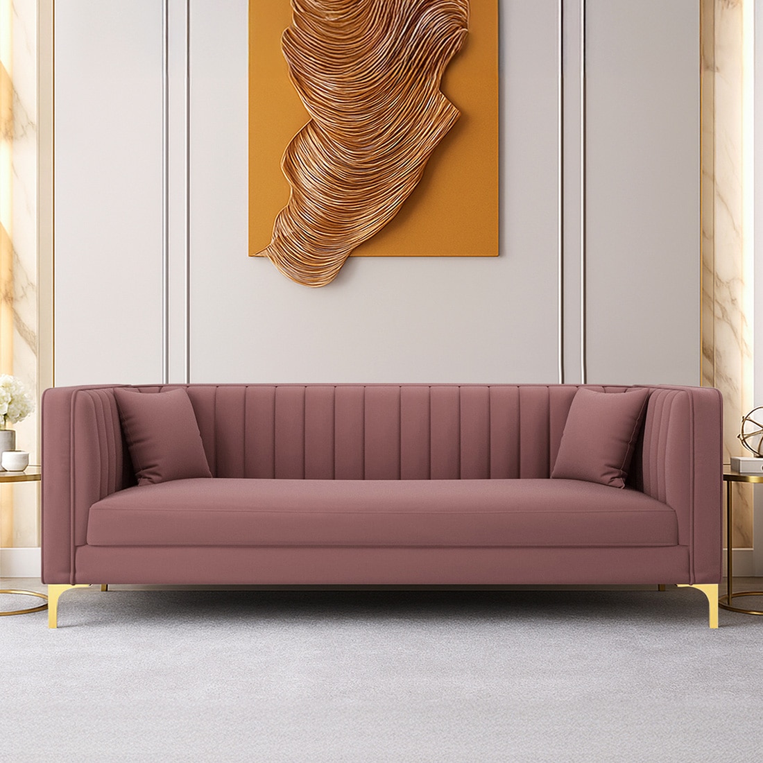 Texude Velvet 3 Seater Sofa in Pink Colour