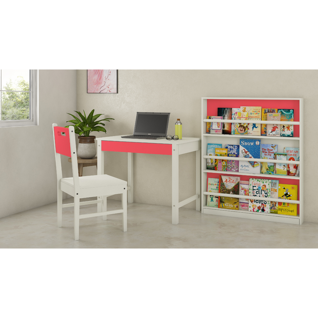 Mystica Kids Study Set with Desk Teak Wood Chair and Bookshelf with Wooden Retainers in Strawberry Pink Colour