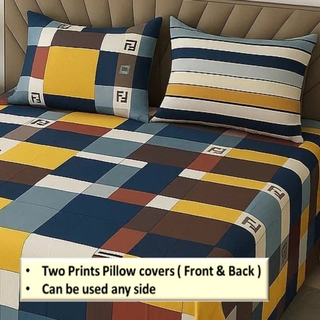 Blue & Yellow Shade Geometric 400 TC Cotton Flat Super King Size Bedsheet With 2 Pilllow Covers