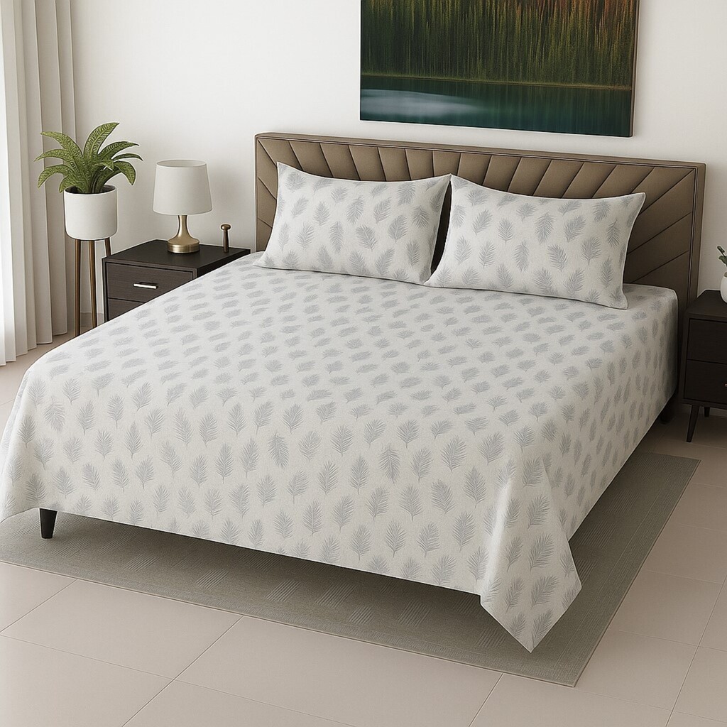 White & Grey Floral 400 TC Cotton Flat Super King Size Bedsheet With 2 Pilllow Covers