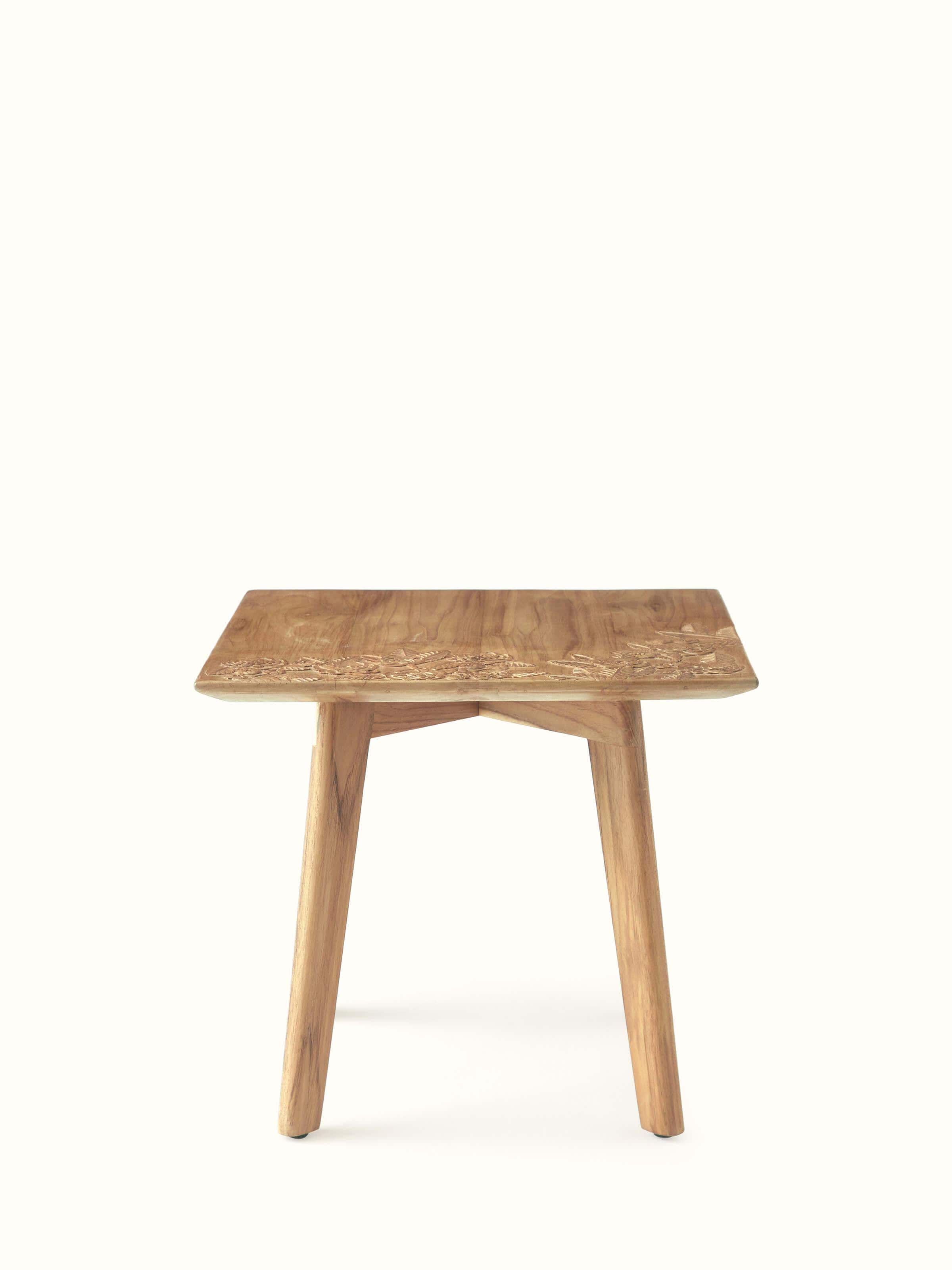 Front view of Carved Teak Wood Square Side Table, highlighting the intricate carvings and rich wood finish