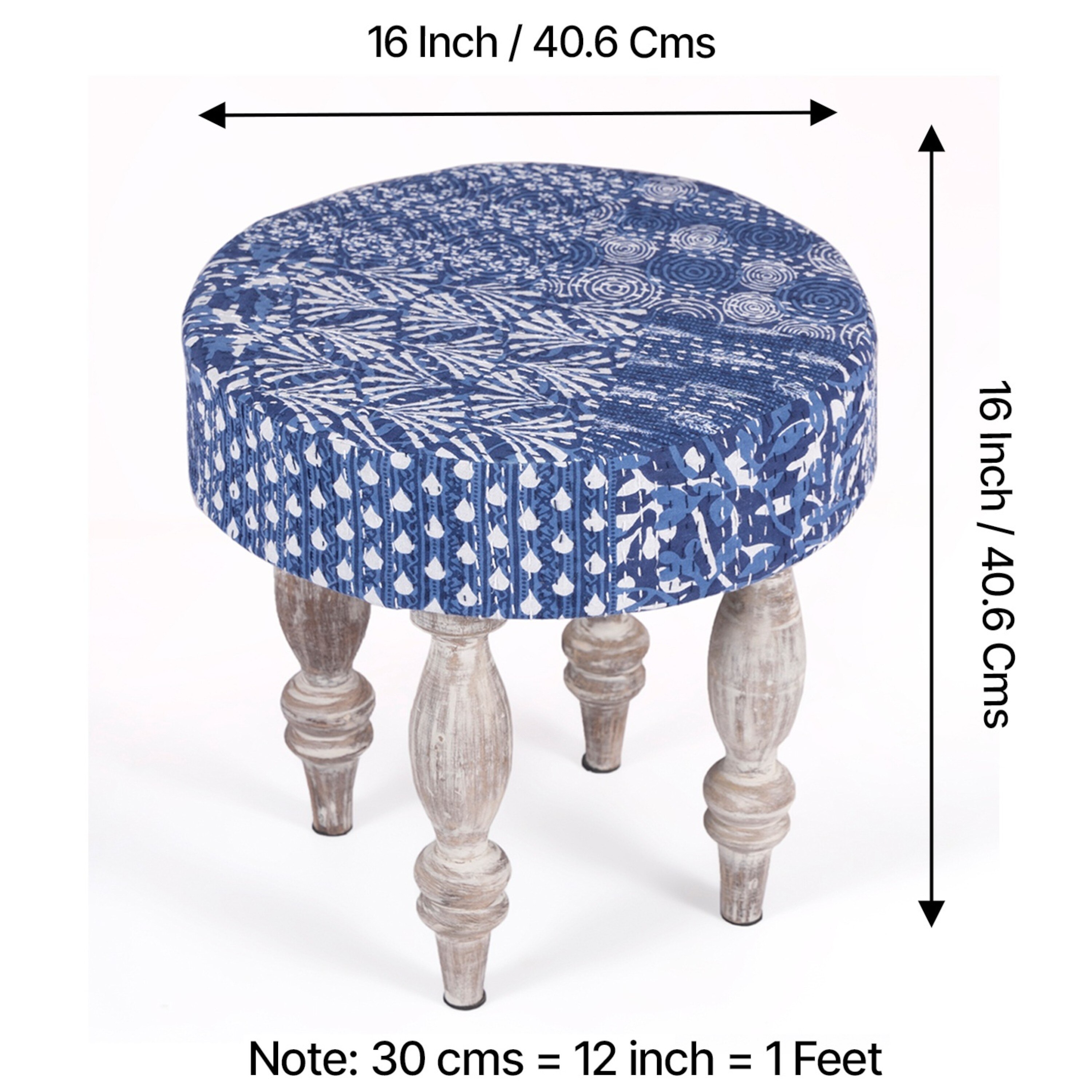 Roswell Sheesham Wood Mid Century Round Set of 2 Stools in Indigo Patchwork Kantha Upholstery