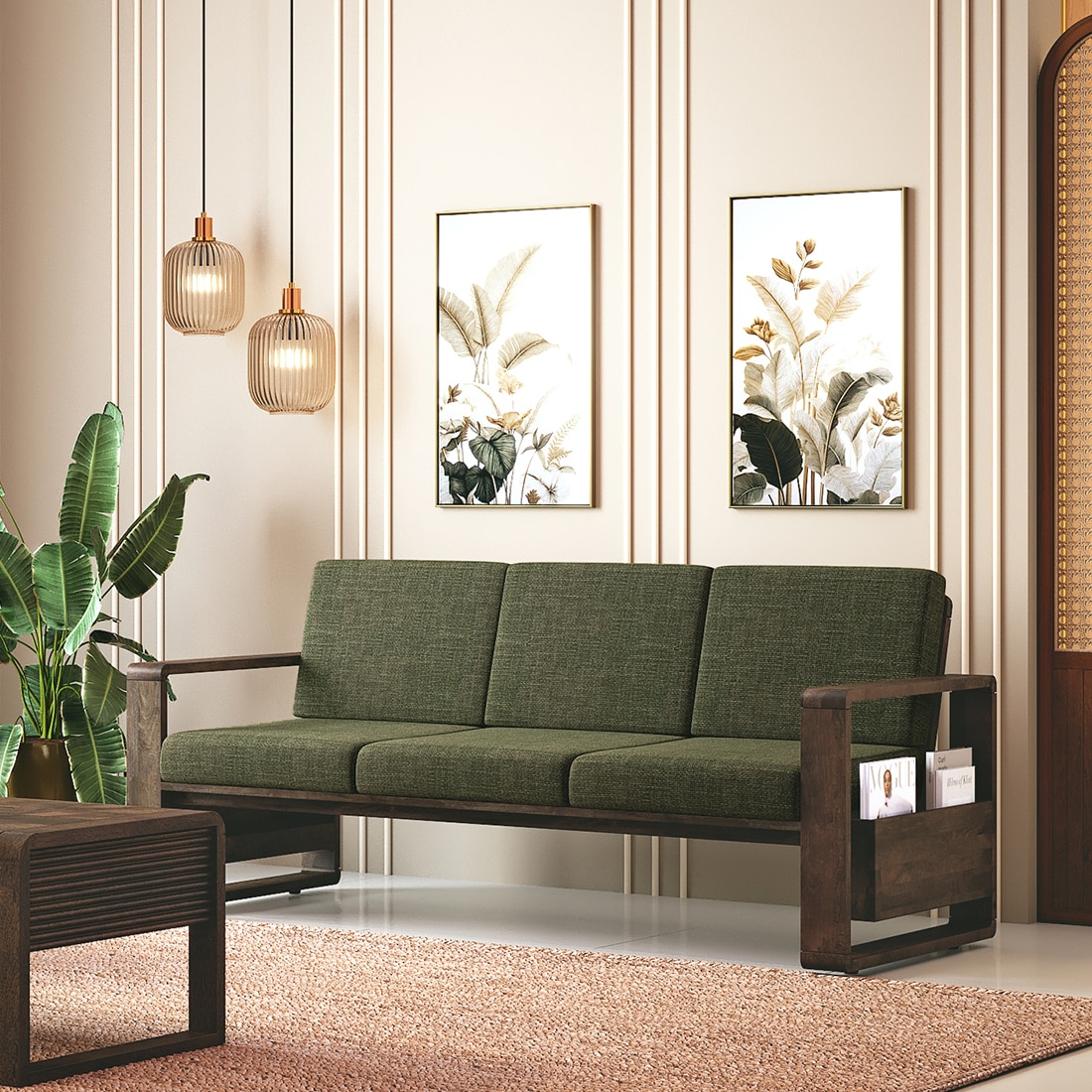 Moreno 3 Seater Solid Wood Sofa in Danish Walnut Finish and Juniper Green Fabric