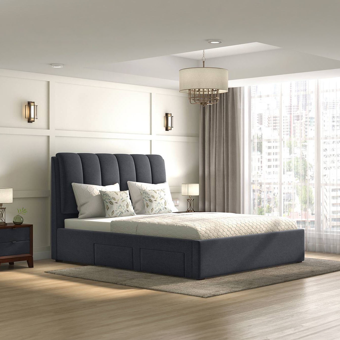 Faroe Engineered Wood Queen Size Drawer Storage Upholstered Bed In Grey Colour