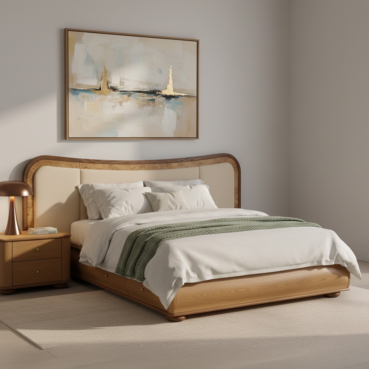 Elowen Softline Queen Size Bed in velvet With Oak wood Frame & Hydraulic Storage - Nestroots