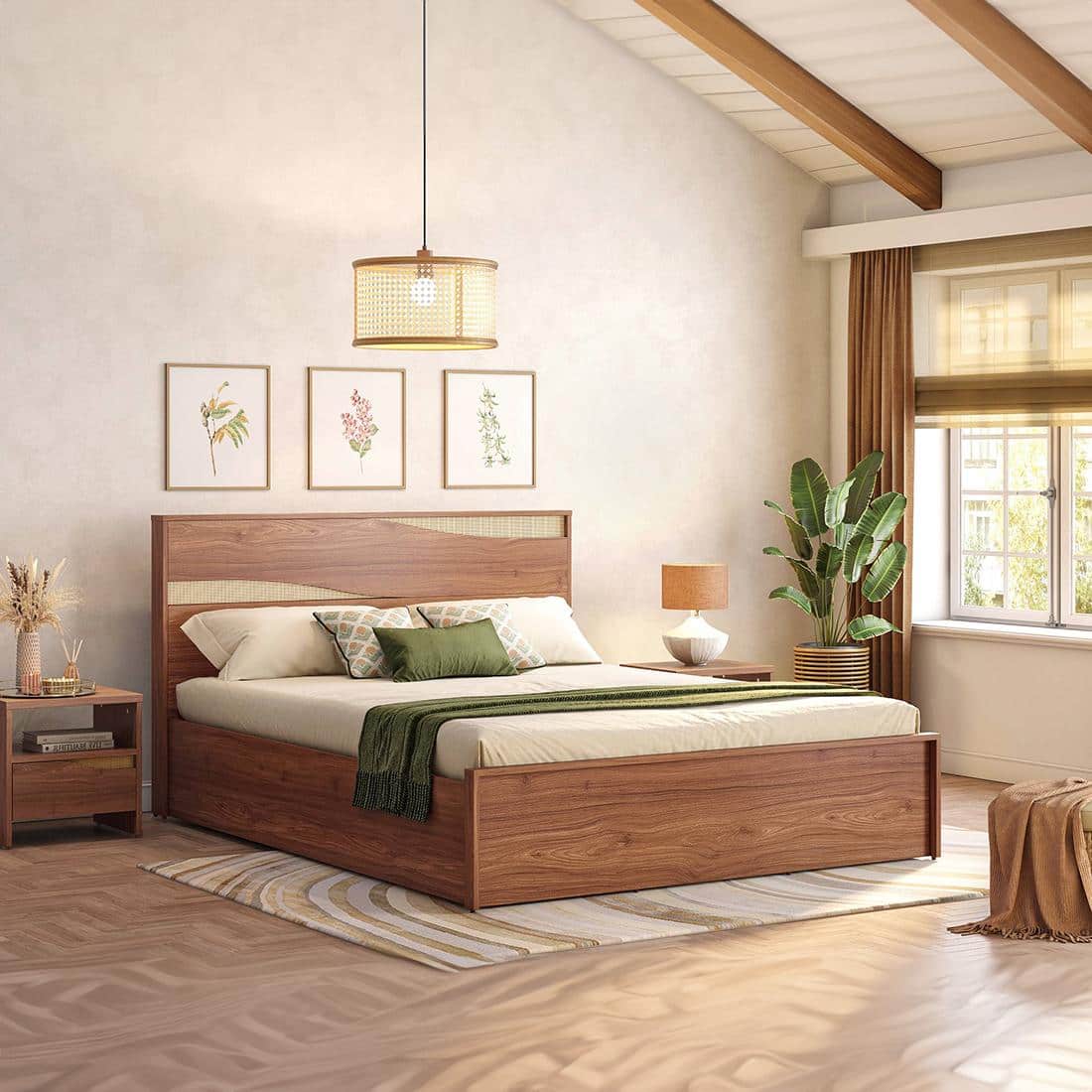 Karya Engineered Wood King Size Box Storage Bed In Wheat Brown Walnut Finish