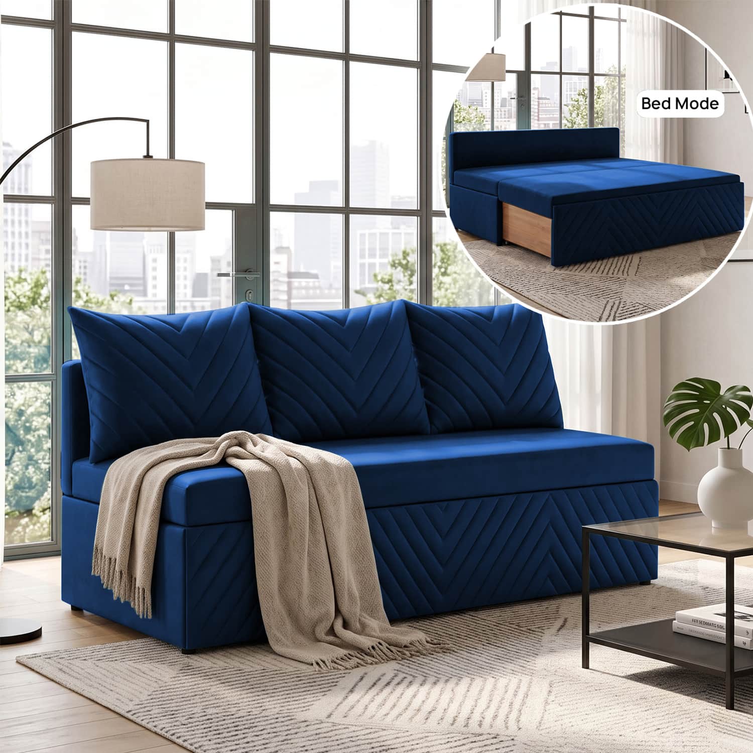 Marteen 3 Seater Velvet Pull Out Sofa Cum Bed in Navy Blue Color With Storage