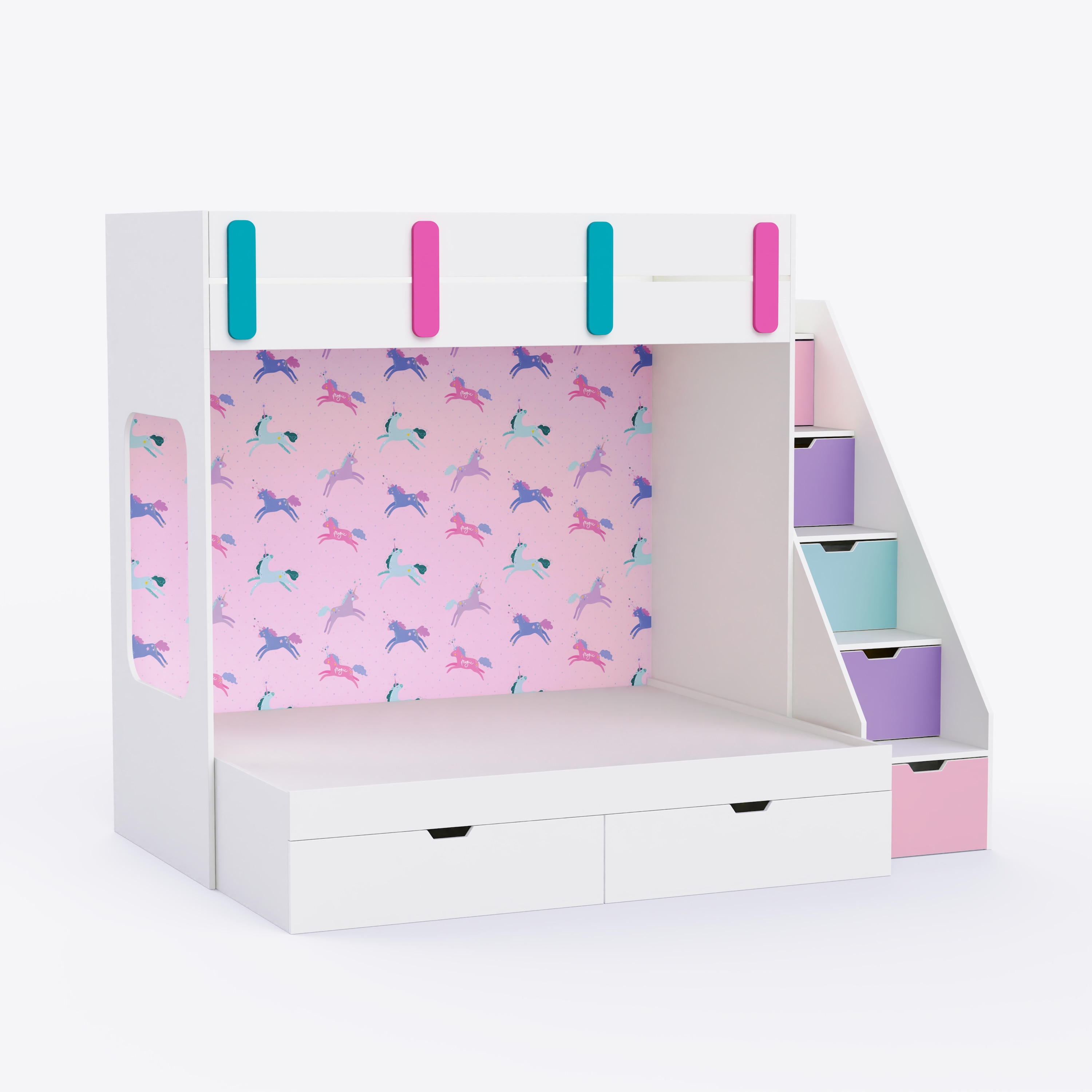 Pattern Dreams Bunk Bed  6X5 (Drawers On Wheels) In White & Pink Colour