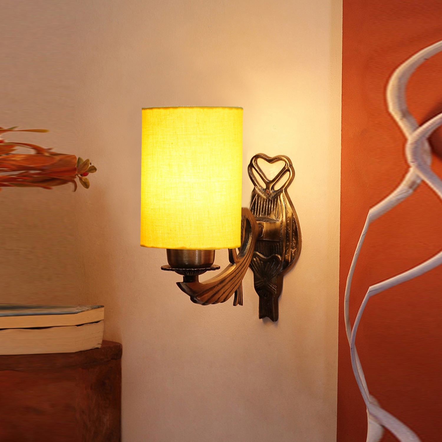 Devansh Metal Electric Wall Light in Antique Gold Colour with Yellow Shade Count of 1 Light - Devansh