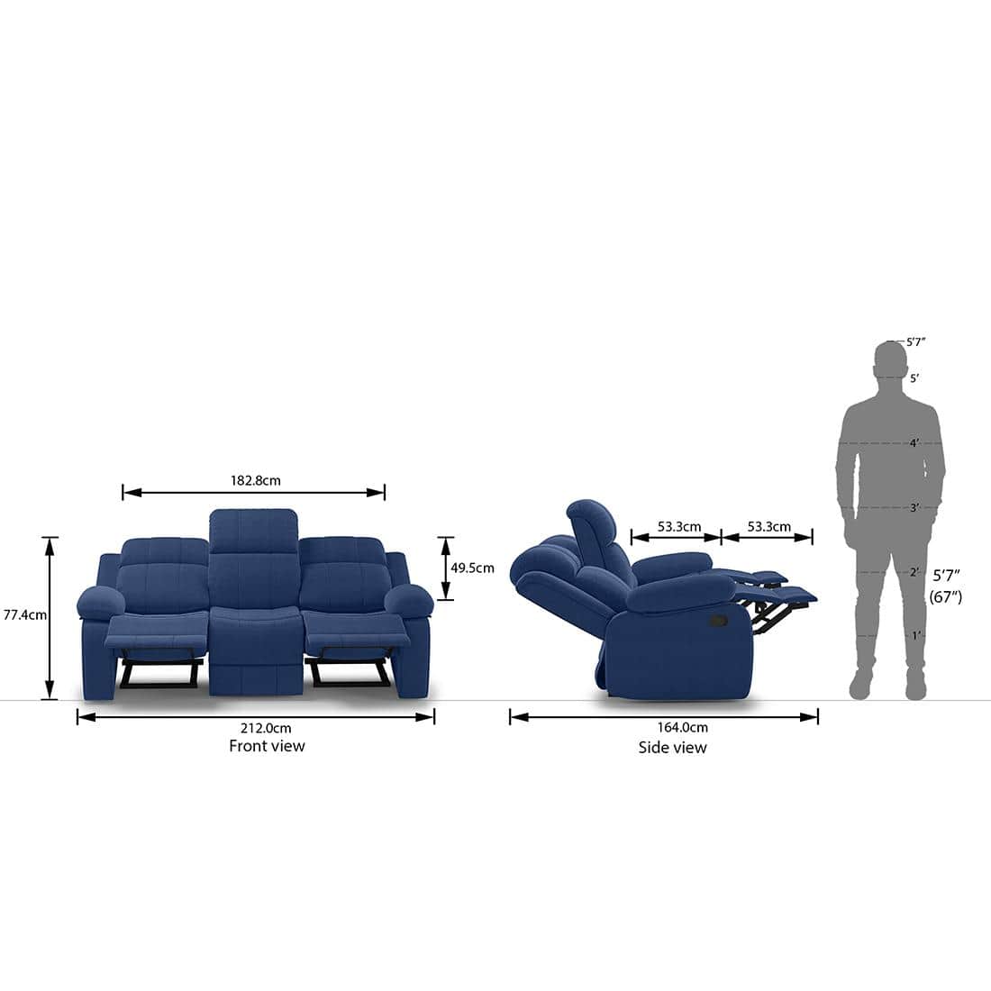 Griffin Fabric Three Seater Manual Recliner in Lapis Blue Fabric Colour