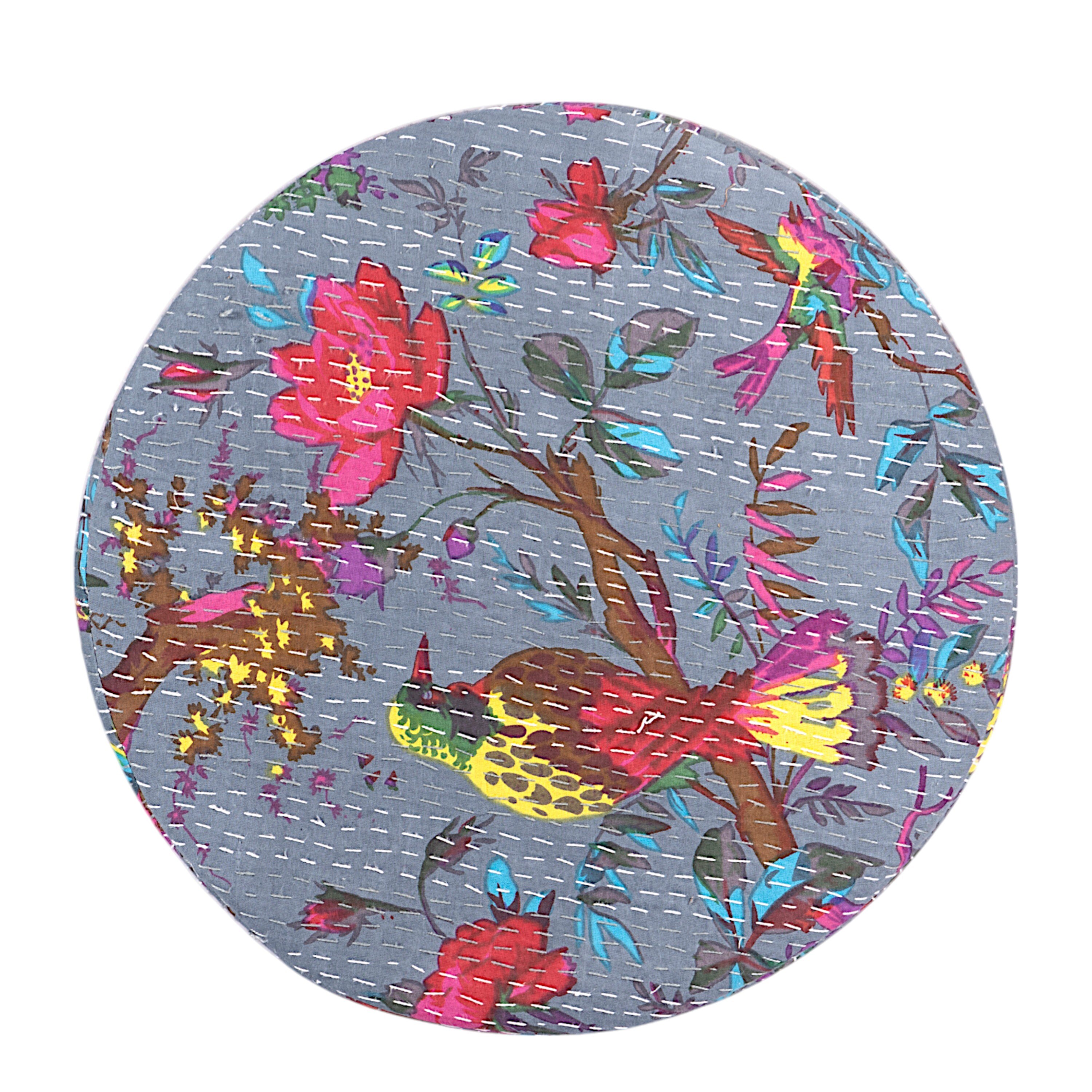 Roswell Sheesham Wood Mid Century Round Set of 2 Stools in Grey Brid Print Kantha Upholstery