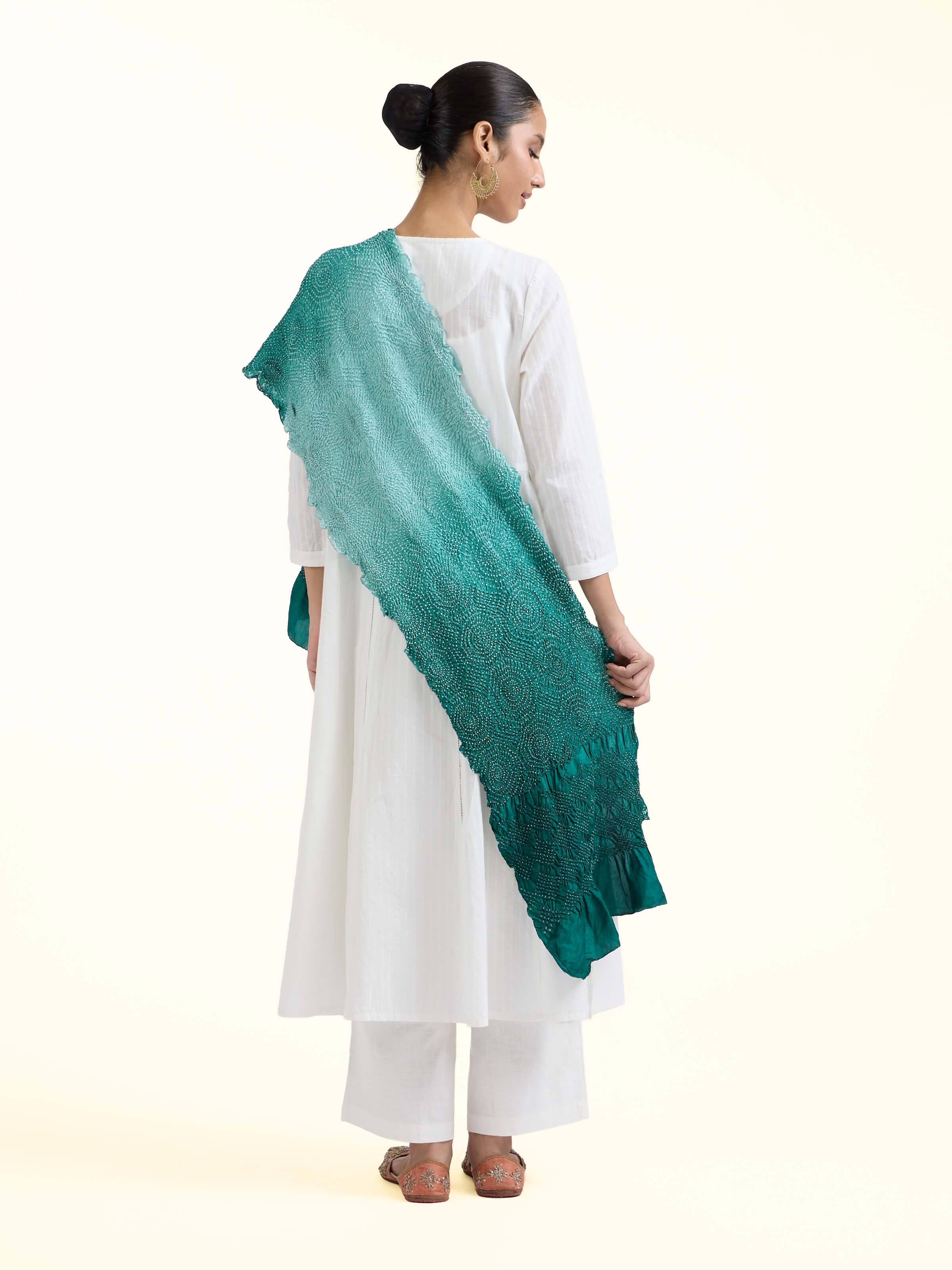 Back view of Teal Bandhani Tie & Dye Silk Stole emphasizing the overall design and fine details