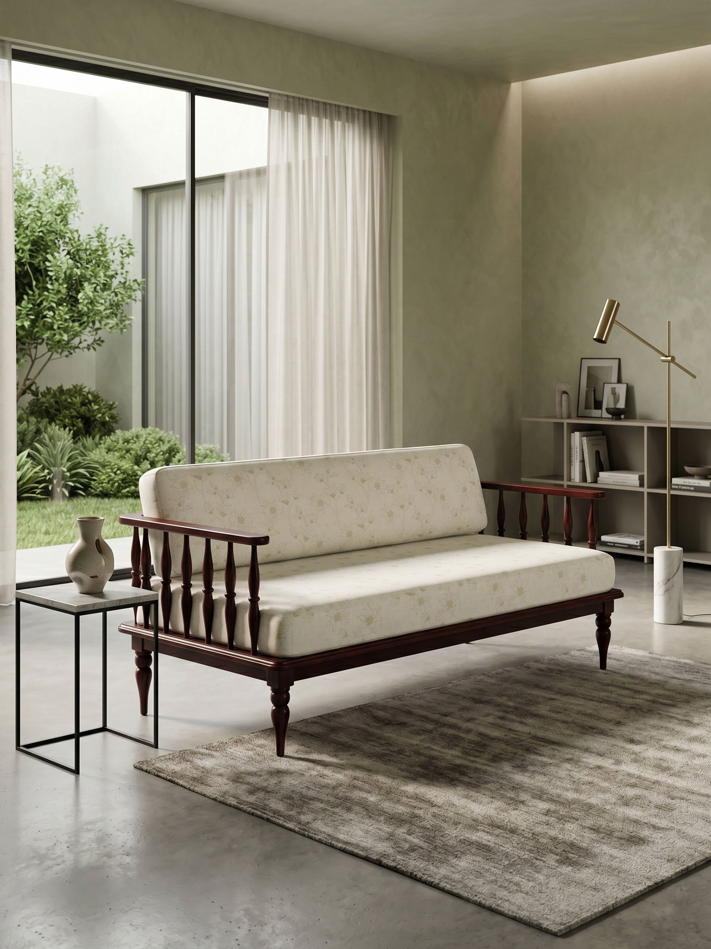 Walnut Finish Upholstered Sheesham Wood 2-seater Sofa