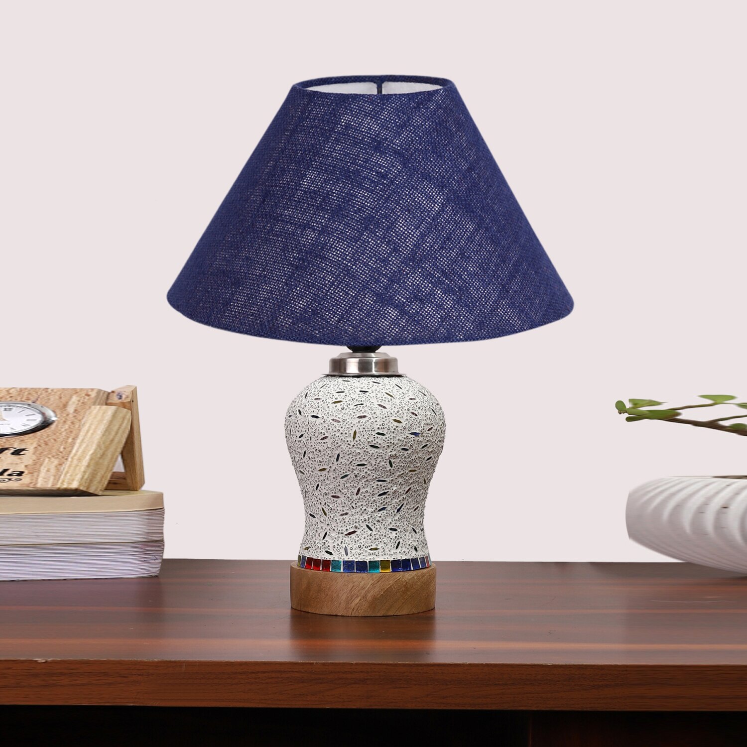 Devansh Conical Blue Jute Shade Lamp With Wood & Mosaic Glass Base For Decoration/Office/Home/Gifting/Study For Decoration/Office/Home/Gifting/Study -(10X10X14.5) Inches -A