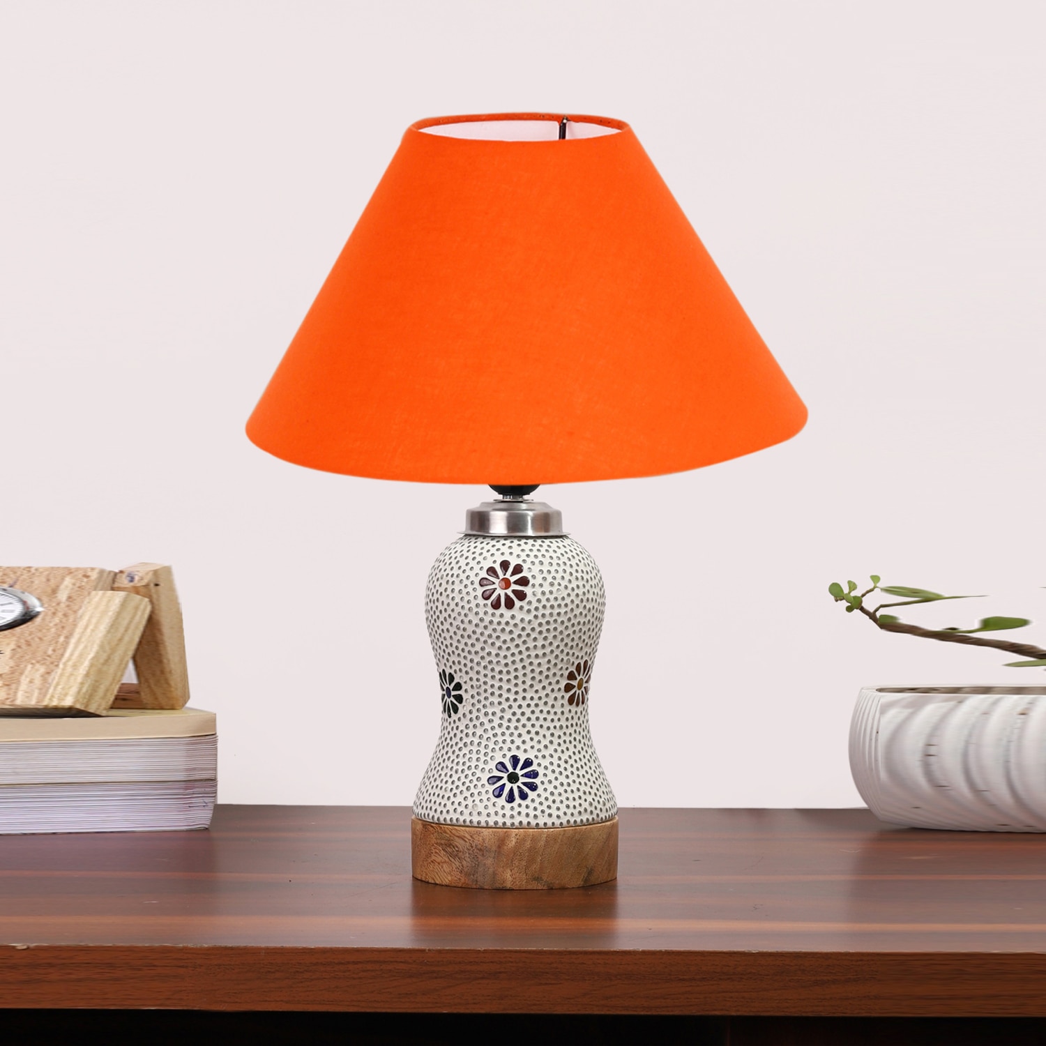 Devansh Conical Orange Cotton Shade Lamp With Wood & Mosaic Glass Base For Decoration/Office/Home/Gifting/Study For Decoration/Office/Home/Gifting/Study -(10X10X14.5) Inches -A - Devansh