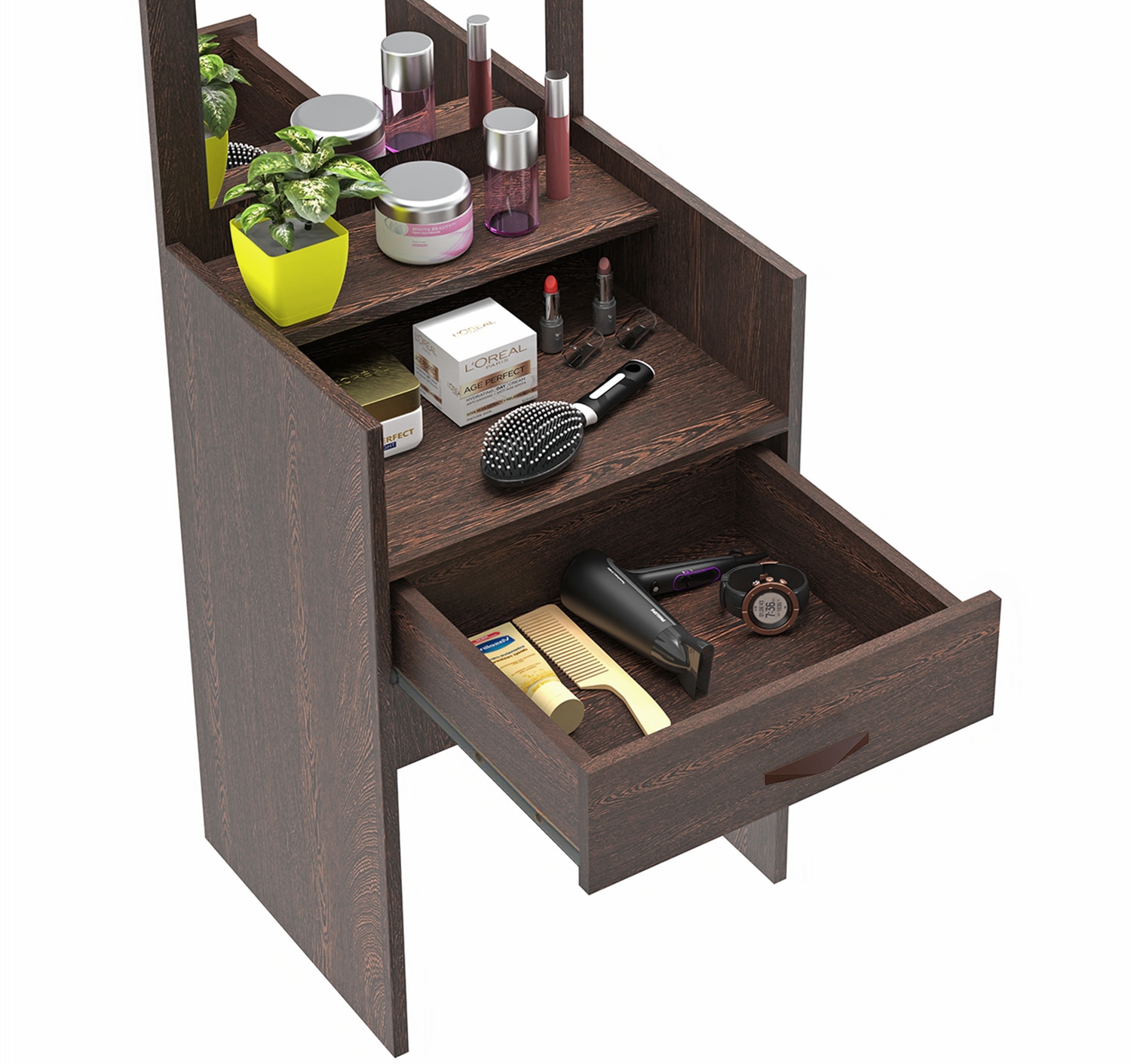 BLUEWUD Adaly Engineered Wood Wall Mount/Floor Standing Dressing Table Organizer Makeup Vanity with Mirror Storage Shelves for Bedroom Home Furniture (Wenge)