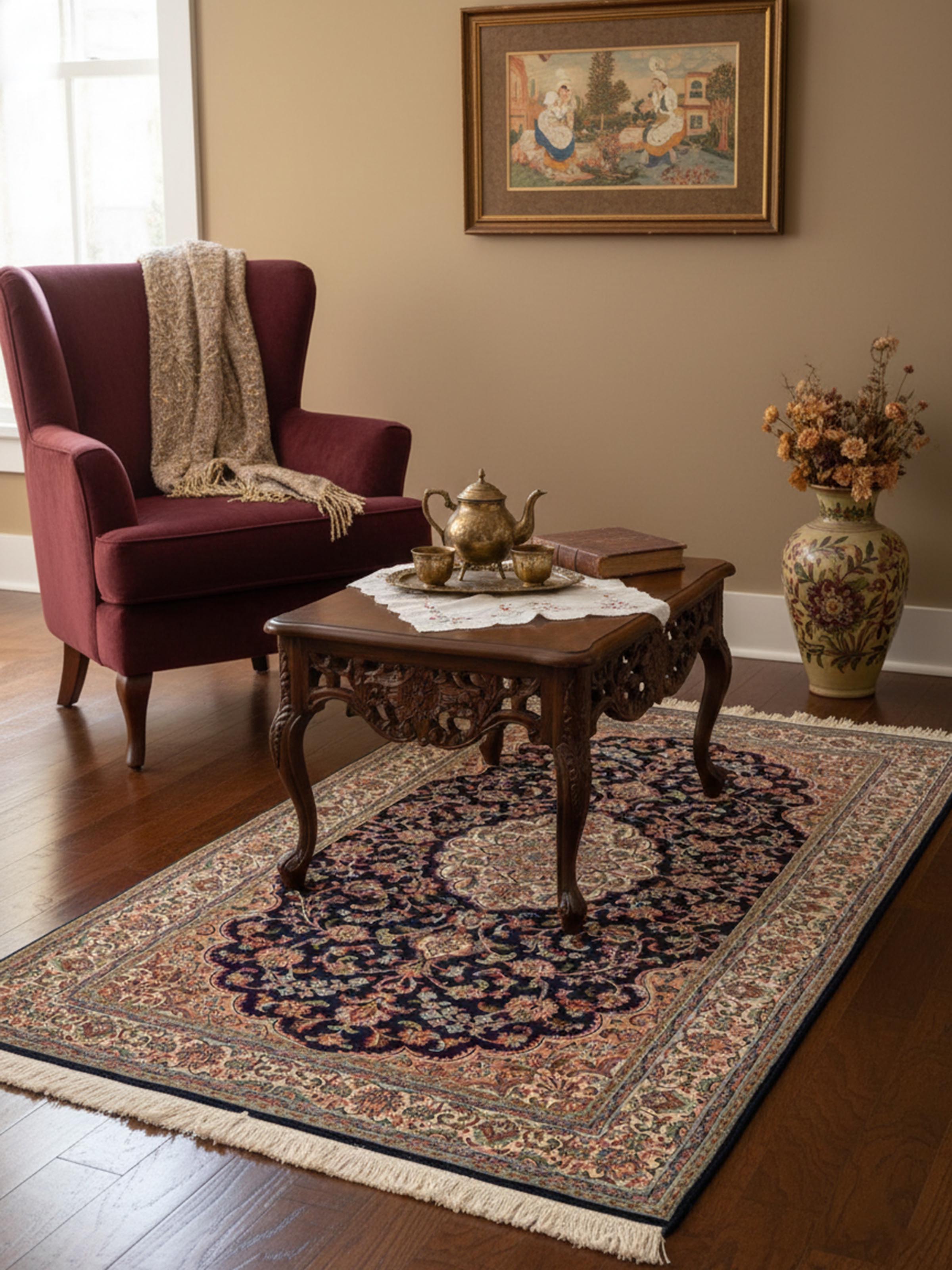 Traditional Persian navy blue Kashan Kashmir silk hand-knotted carpet with intricate medallion design