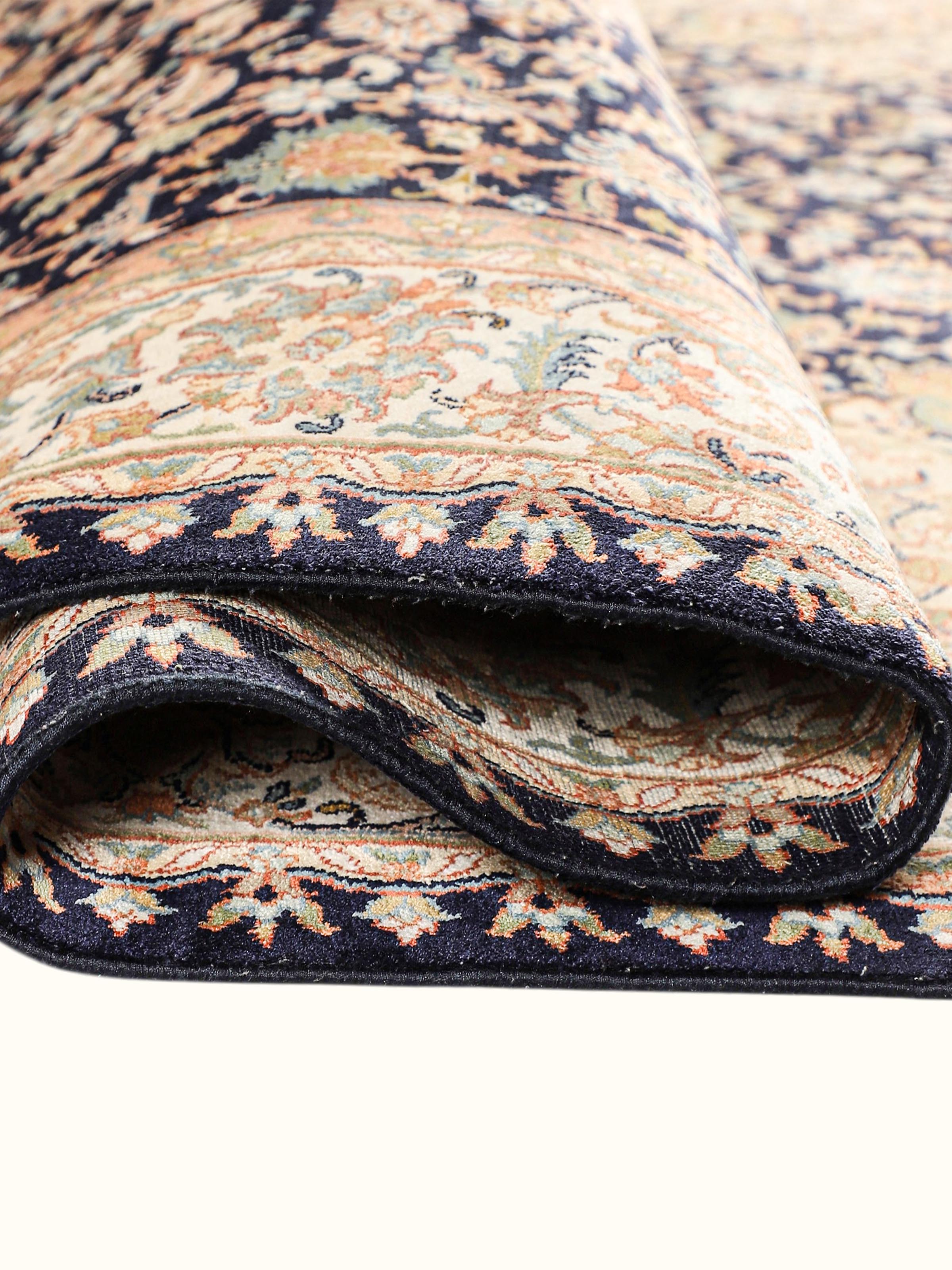 Traditional Persian Navy Ivory Kashan Kashmir Silk Hand-Knotted Carpet