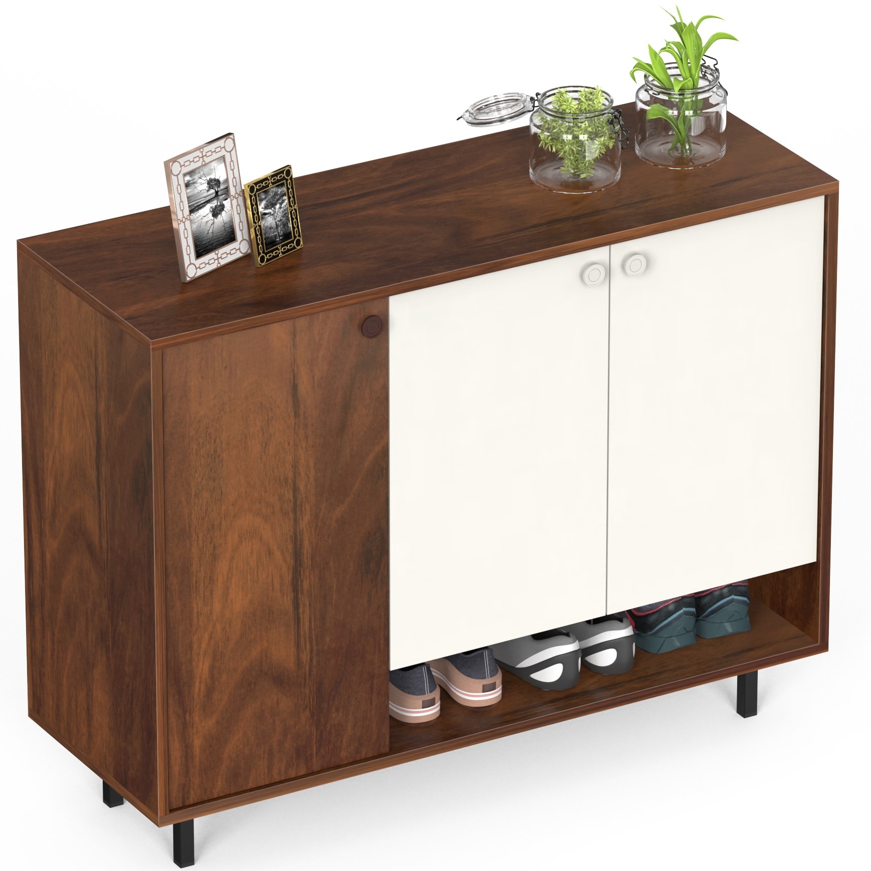 BLUEWUD Prorage Engineered Wood Dual Tone 3 Doors Shoe Rack Cabinet Slipper Footwear Stand Organizer with Additional Open Shelve, Up to 16 Pairs for Living Room Hallway Home (Brown Maple & White)