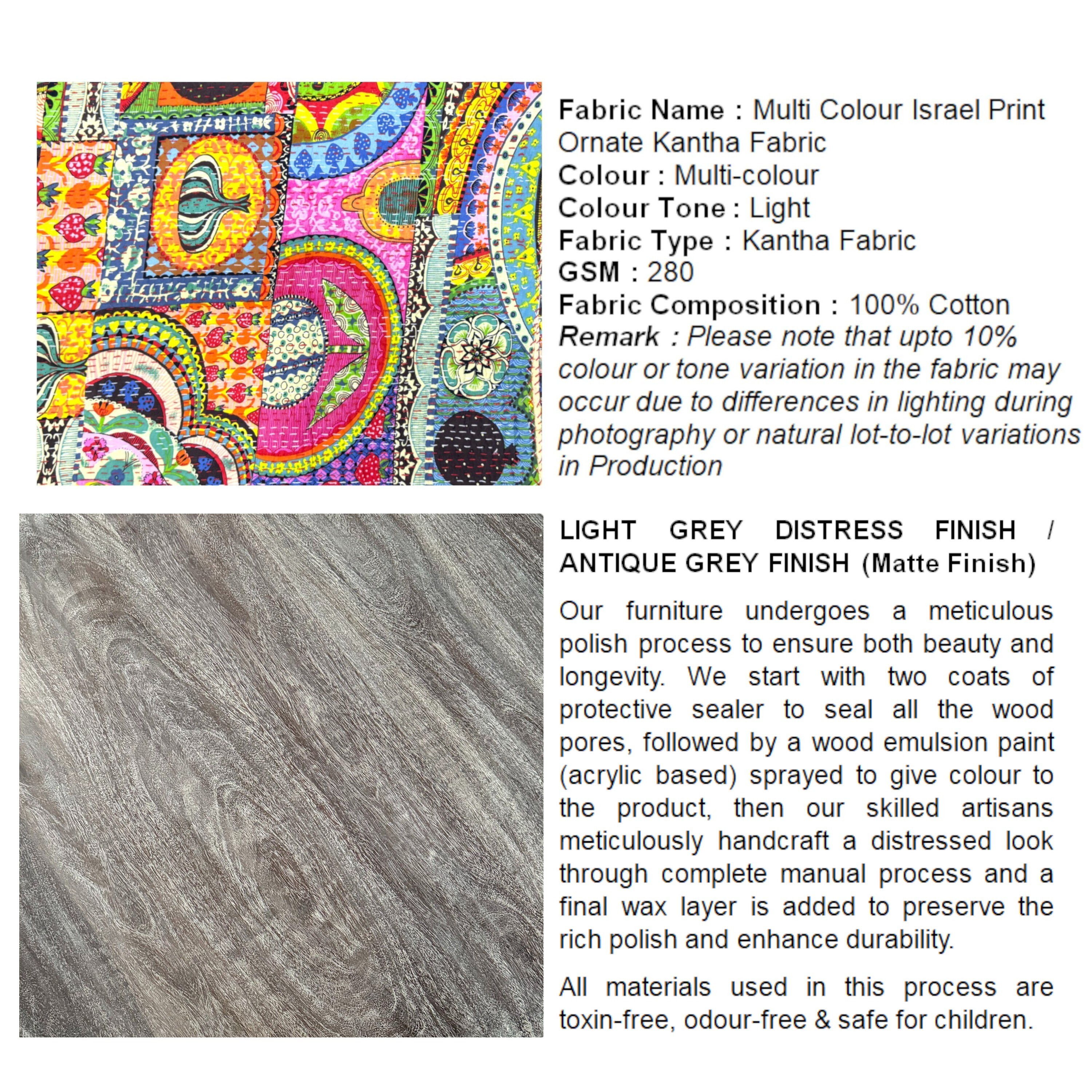 Collio Solid Wood Pouffee in Multicolour Patch Kantha Fabric