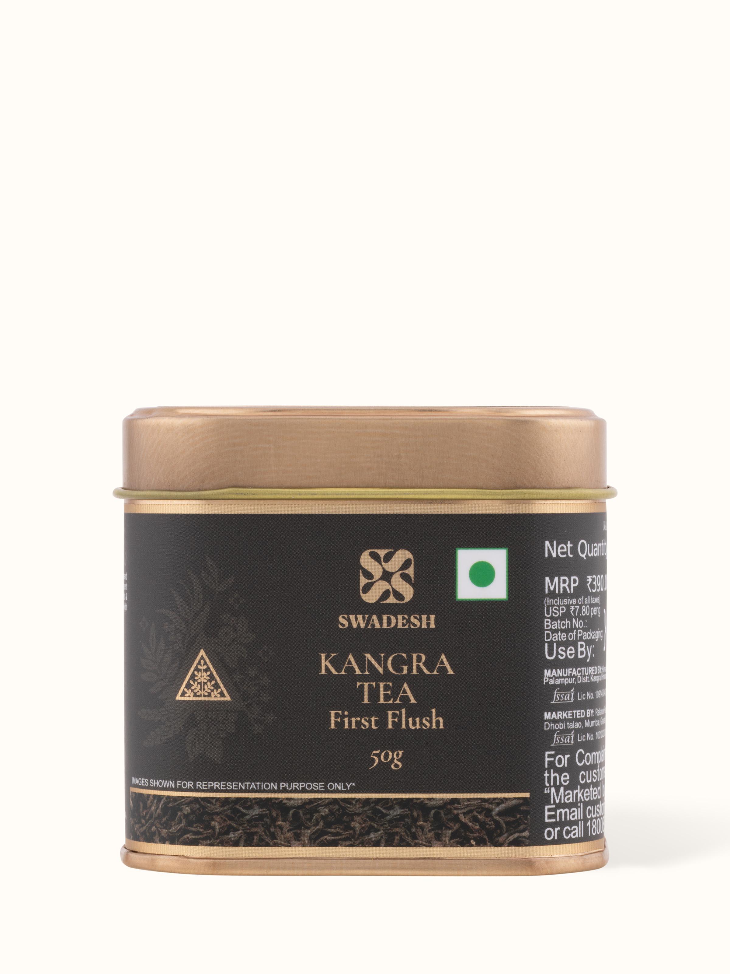Front view of Immunity-enhancing Kangra Tea First Flush showcasing its premium tea leaves and vibrant color