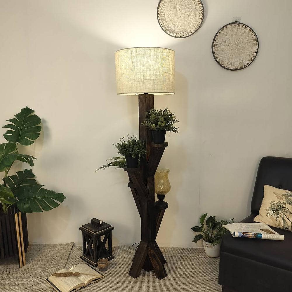 Woods Wooden Floor Lamp with Brown Base and Jute Fabric Lampshade