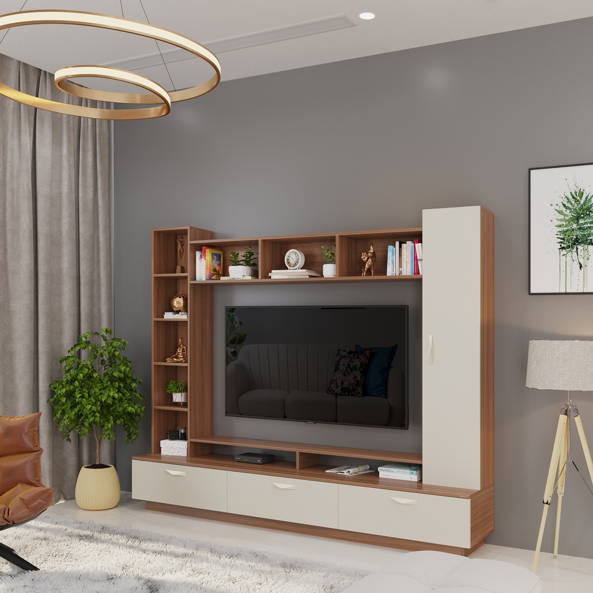 BLUEWUD Fenily Engineering Wood TV Entertainment Unit Set Top Box Stand/TV Cabinet Panel with Shelves for Books & D�cor Display Unit Bed Living Room 60 Inches (Walnut & White)