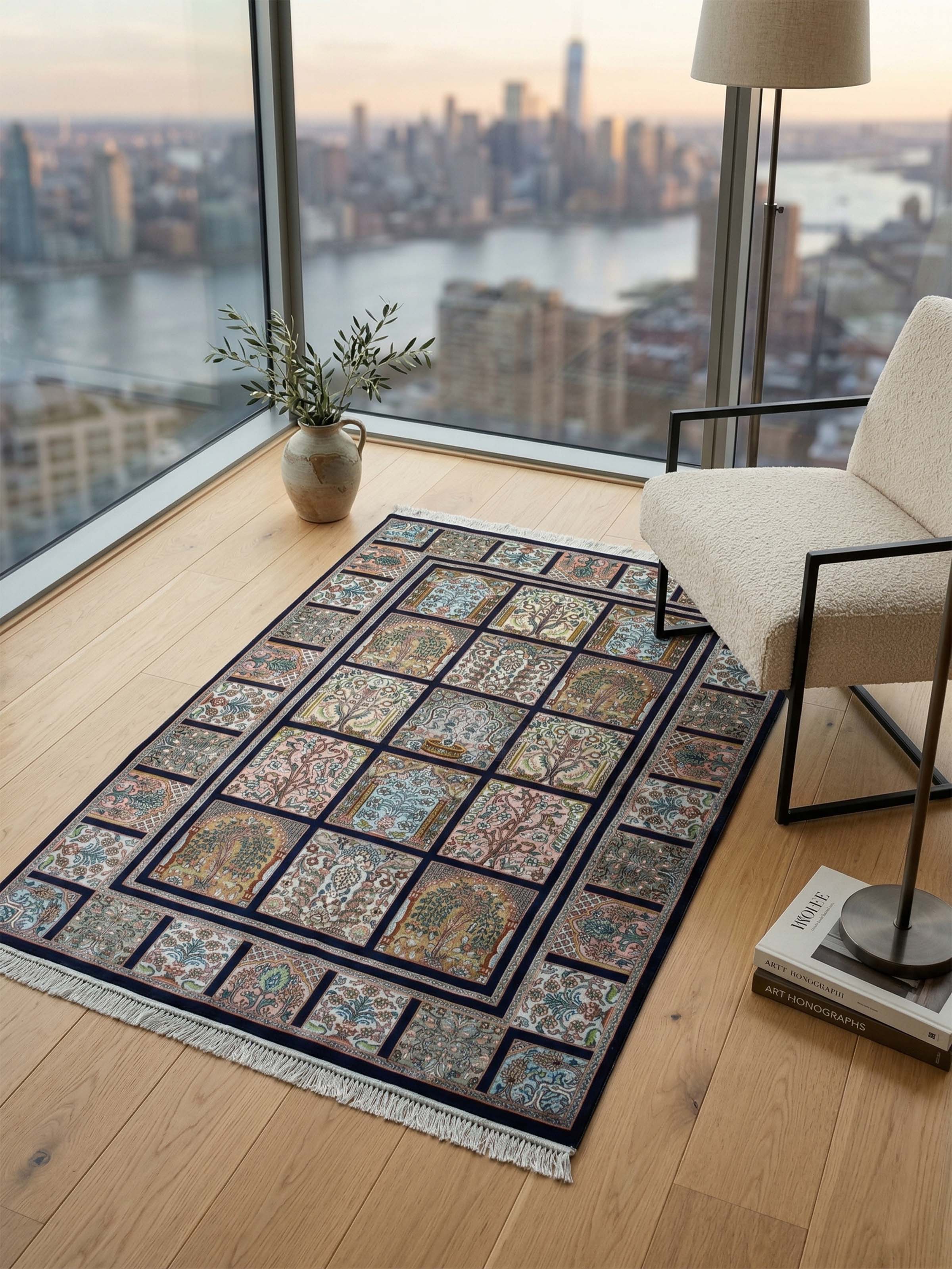 Traditional Persian Navy Pink Hamadan Kashmir Silk Hand-Knotted Carpet