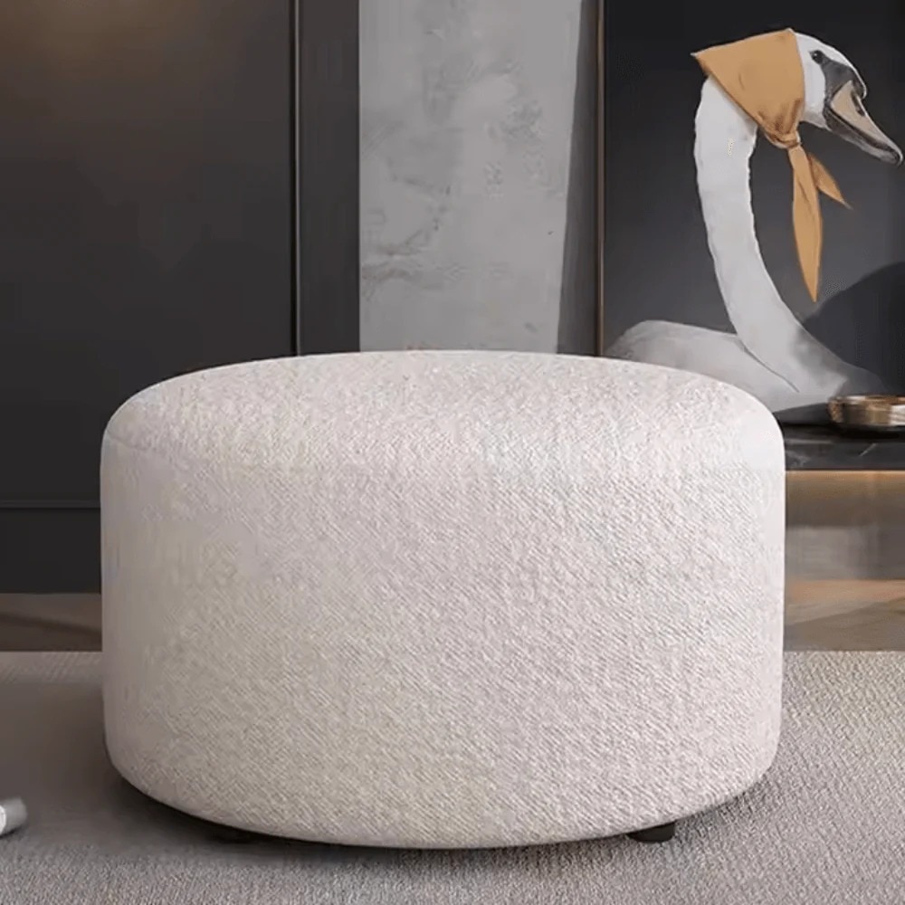 Wooden Twist Ruzrxy Modern Round Stool Bench Ottoman in Soft Fabric in White Colour - Wooden Twist