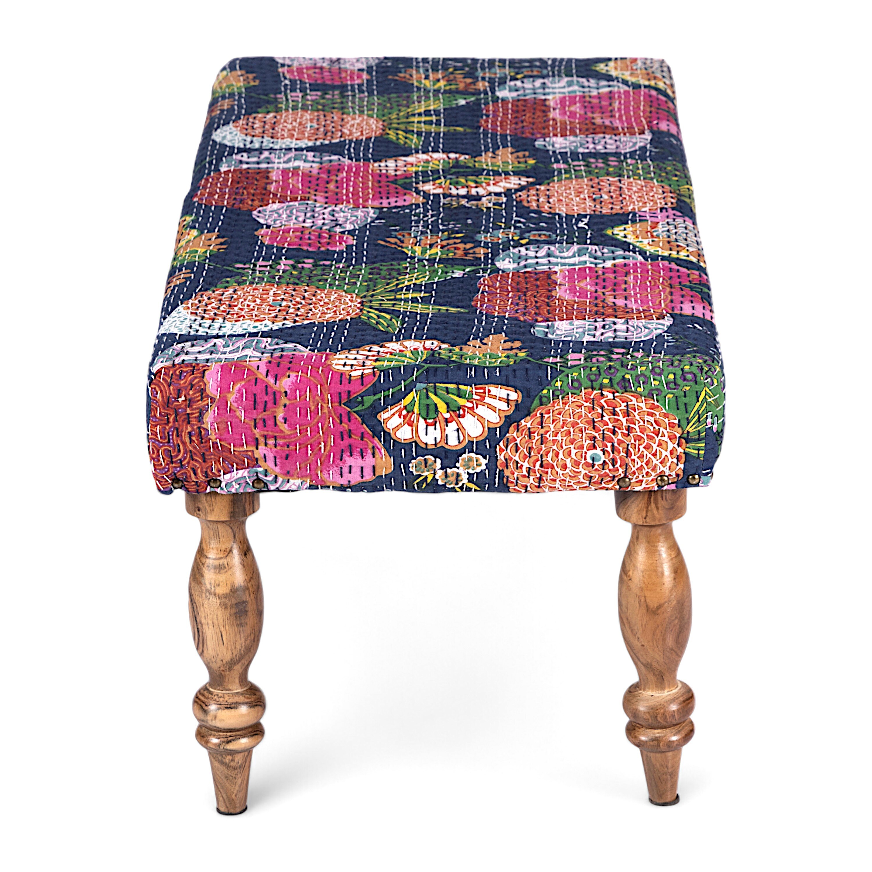 Bestone Sheesham Wood Mid Century 2 Seater Bench In Fruit Print Blue Kantha