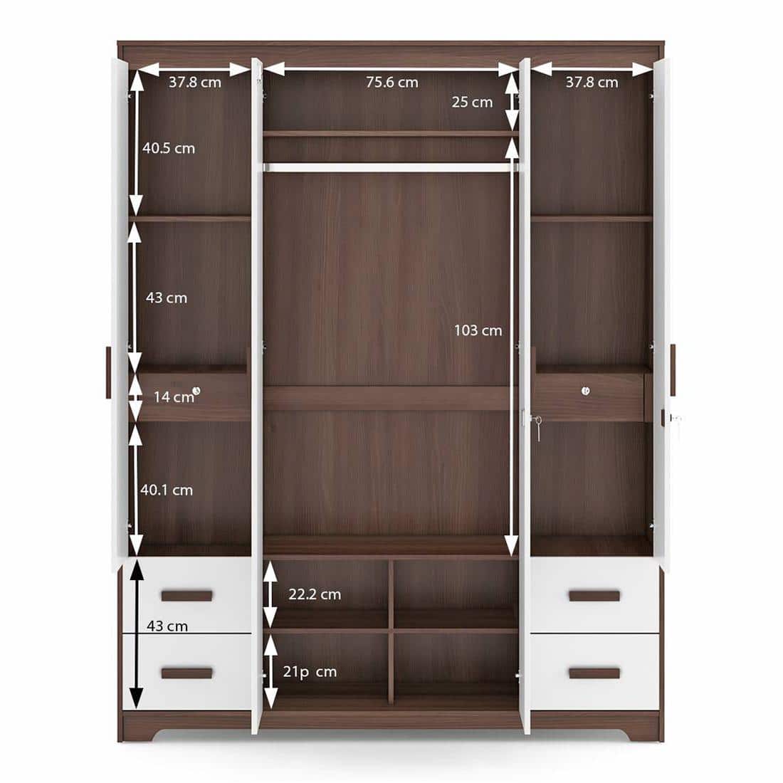 Miller 4 Doors 4 Drawers Wardrobe With Mirror and Lock in Two Tone Finish
