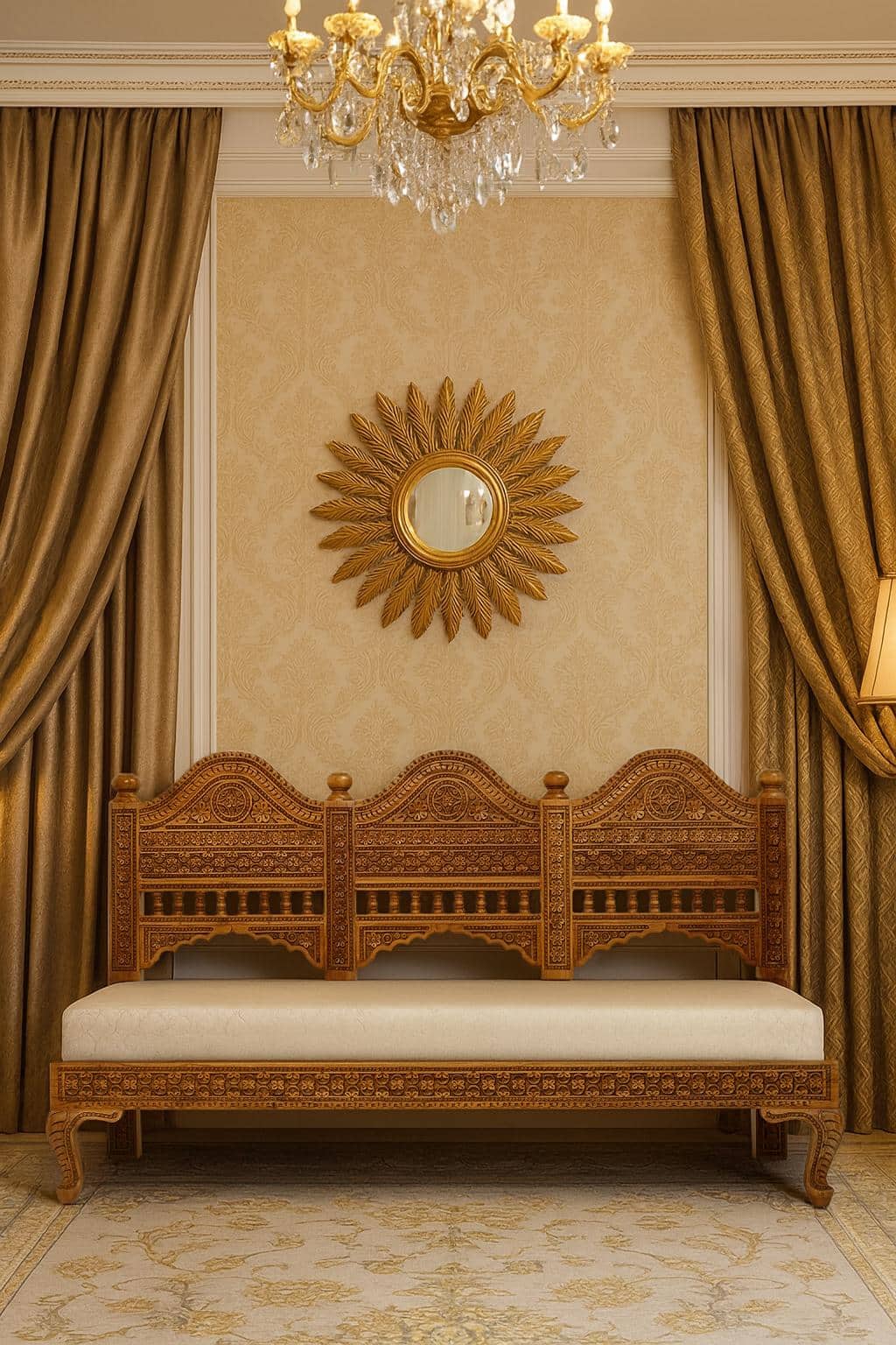 Upholstered Carved Sheesham Wood 3-seater Sofa