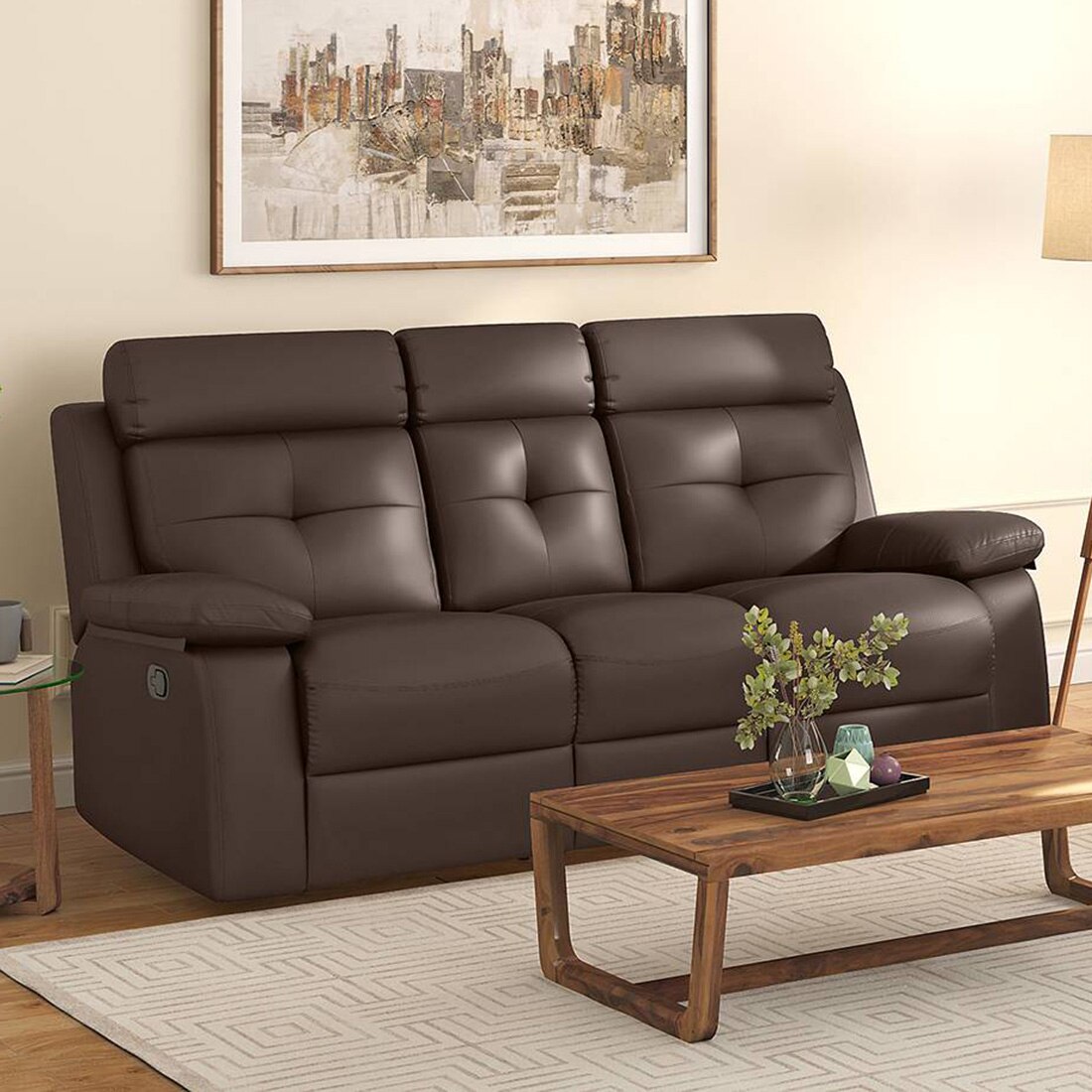 Raphael Leatherette Three Seater Manual Recliner in Brown Colour