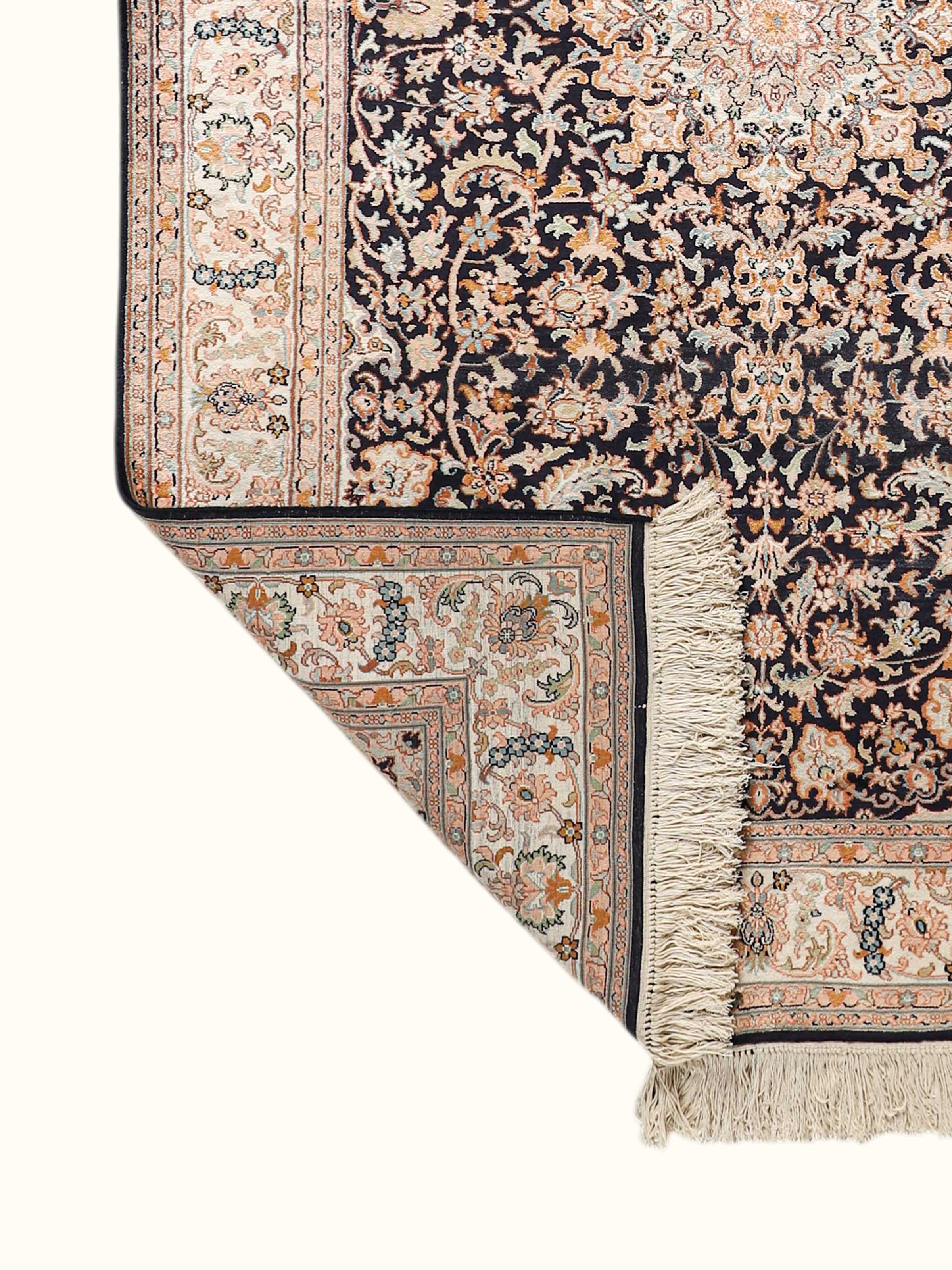 Traditional Persian Navy Ivory Kashan Kashmir Silk Hand-Knotted Carpet