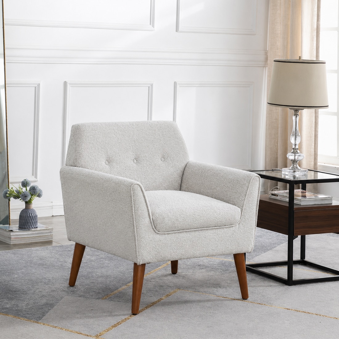 Thomas Boucle Fabric Arm Chair in White Colour - KURSIWALLAH