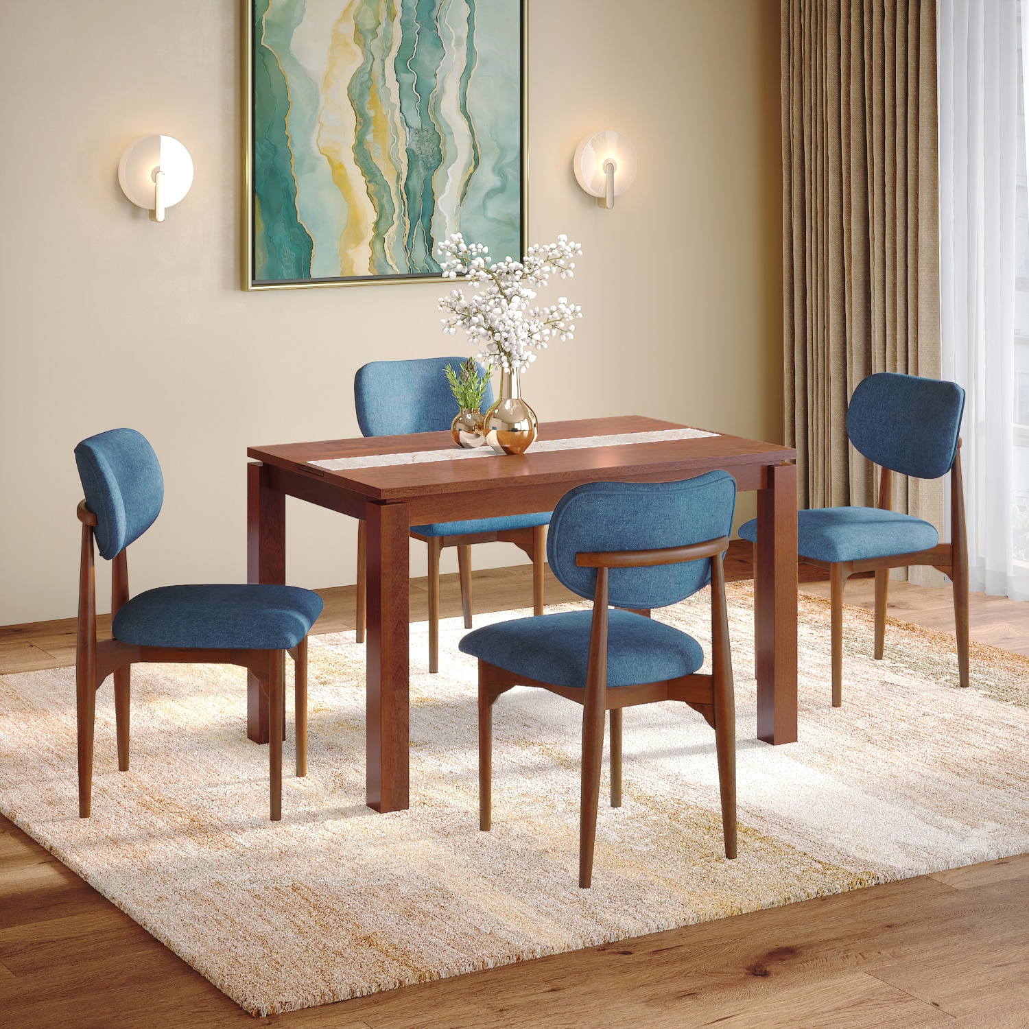 Atlas Crest Storage Solid Wood 4 Seater Dining Table With 4 Ollie Diing Chairs (Finish : Honey, Chair Colour : Baltic Blue)