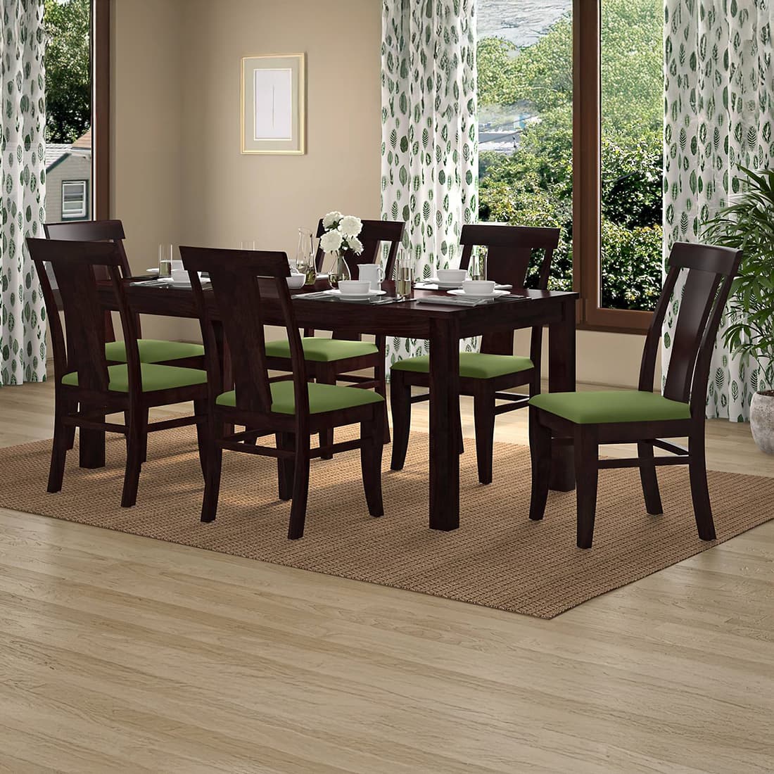 Fabio Solid Wood Dining Chair in Mahogany Finish & Olive Green Colour - Set of 2