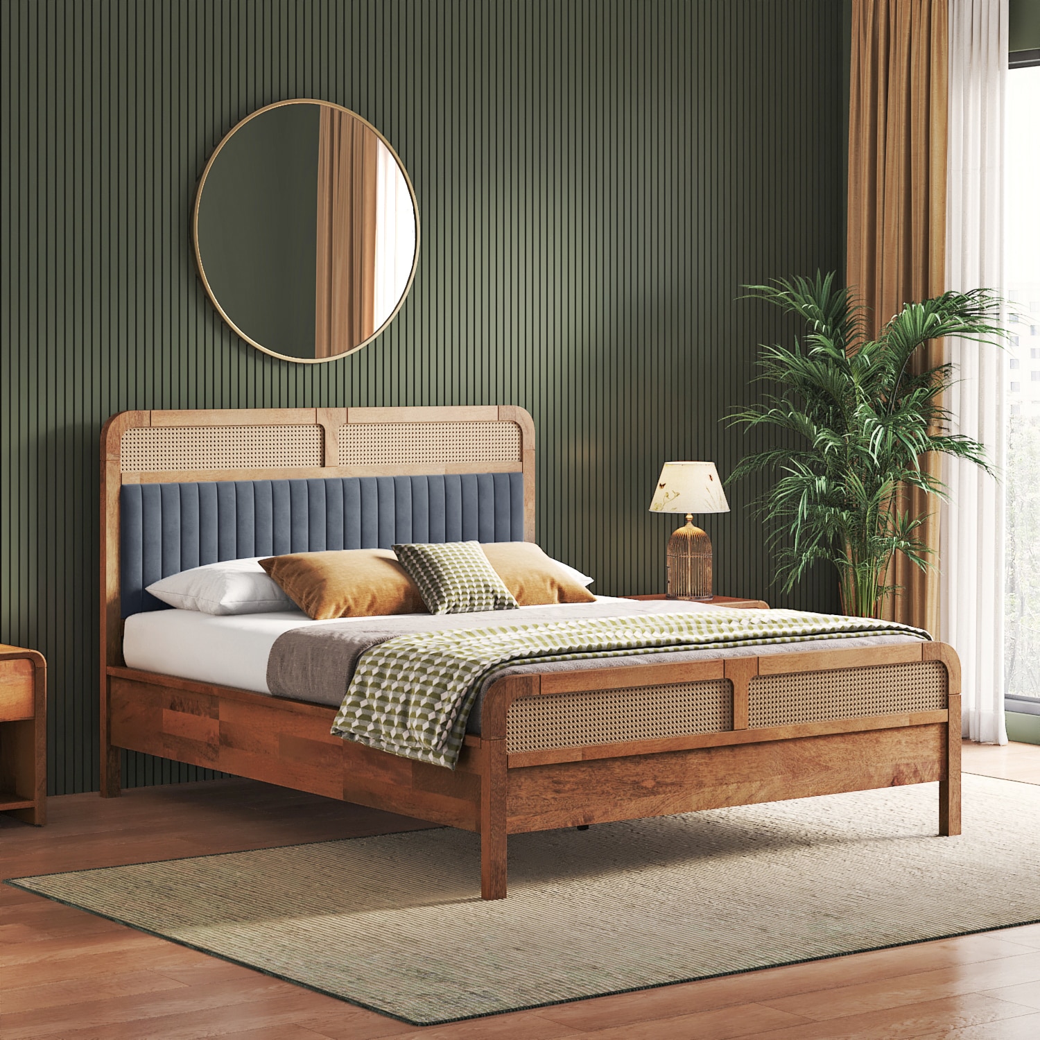 Hanoi Solid Wood Cane Queen Size Non storage Bed In Amber Walnut Finish Fabric Davis Plus - Urban Ladder